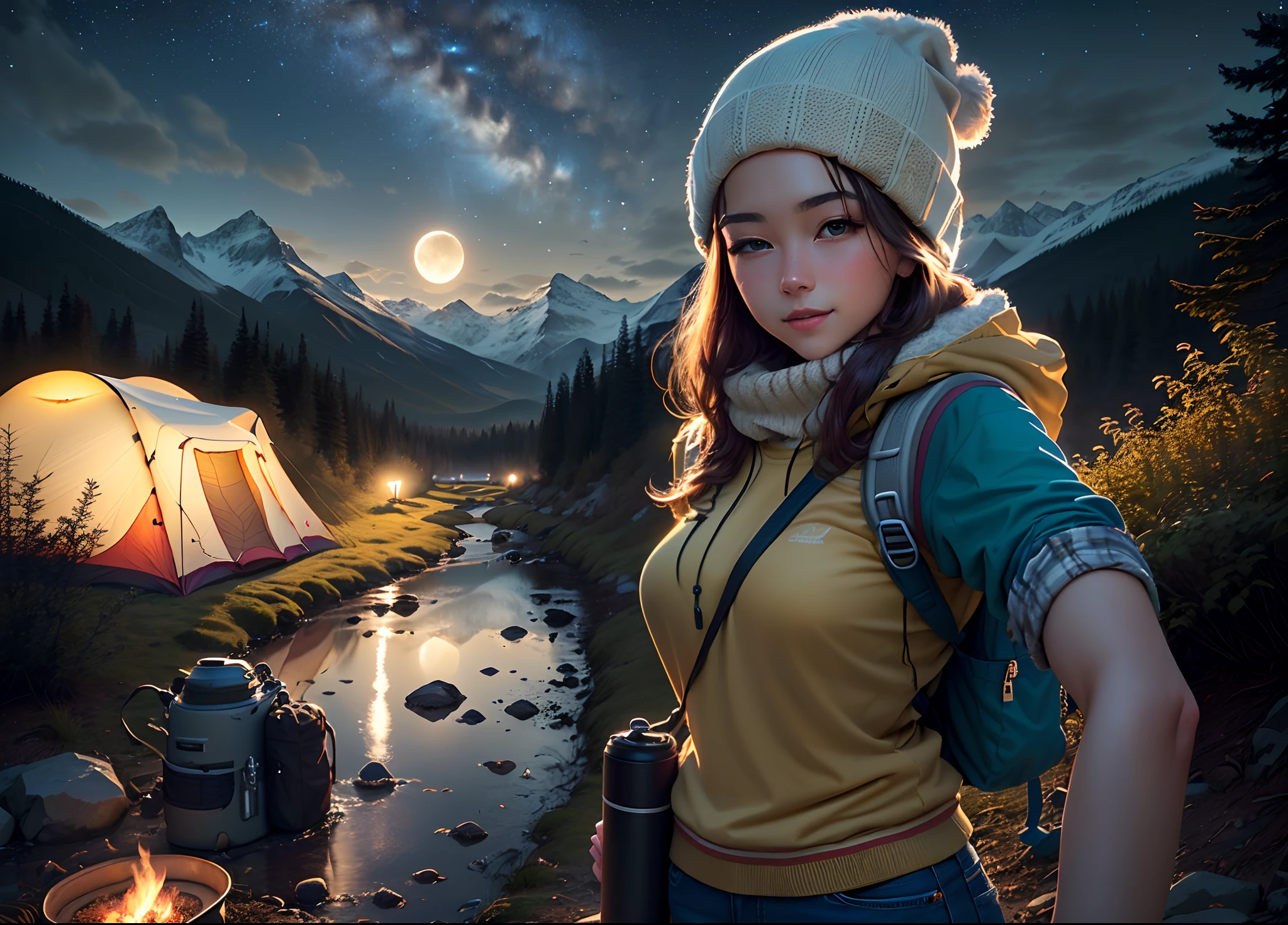1 woman((upper body selfie, happy)), masterpiece, best quality, ultra-detailed, solo, outdoors, (night), mountains, nature, (stars, moon) cheerful, happy, backpack, sleeping bag, camping stove, water bottle, mountain boots, gloves, sweater, hat, flashlight, forest, rocks, river, wood, smoke, shadows, contrast, clear sky, cyberpunk, no bra
analog style (look at viewer:1.2) (skin texture)
(film grain:1.3), (warm hue, warm tone)