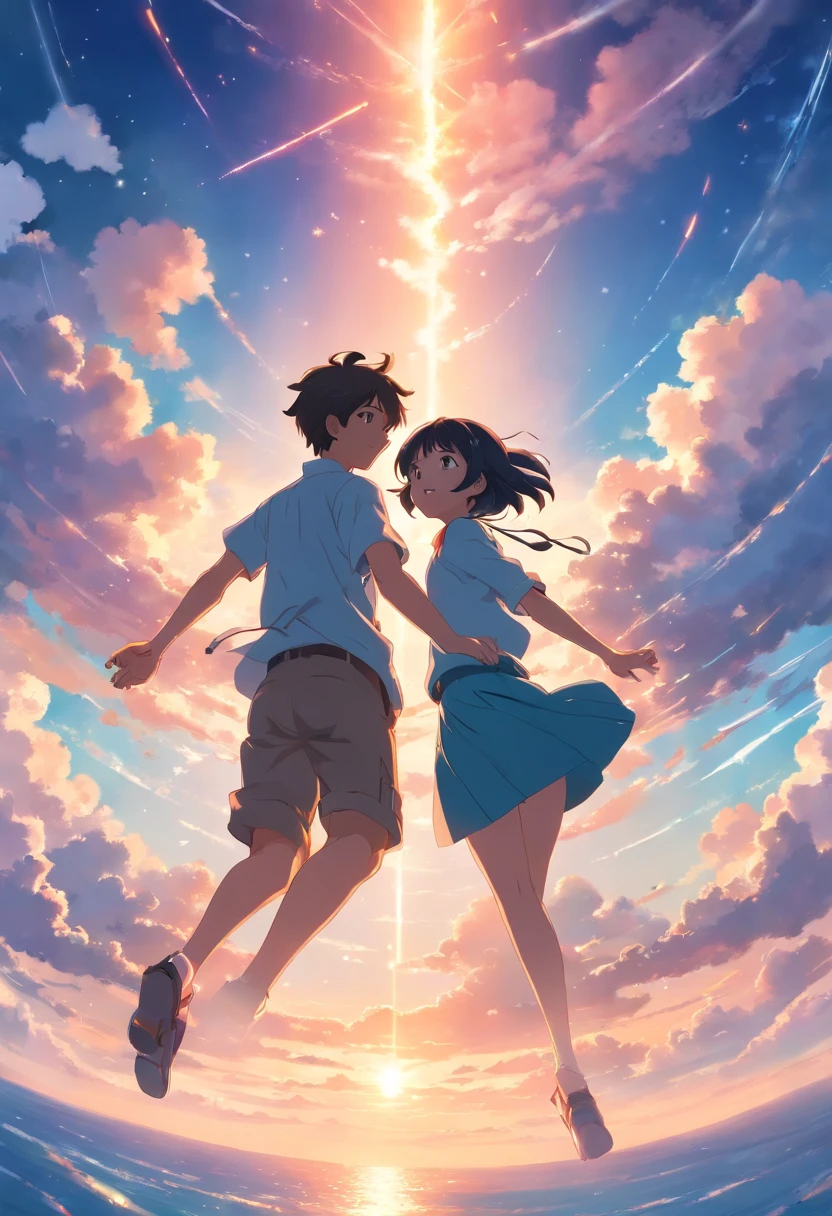 masterpiece, best quality, still, 1 boy 1girl, cloud boy girl, floating in the sky, close-up, bright, happy, warm soft lighting, sunset, (sparks:0.7)