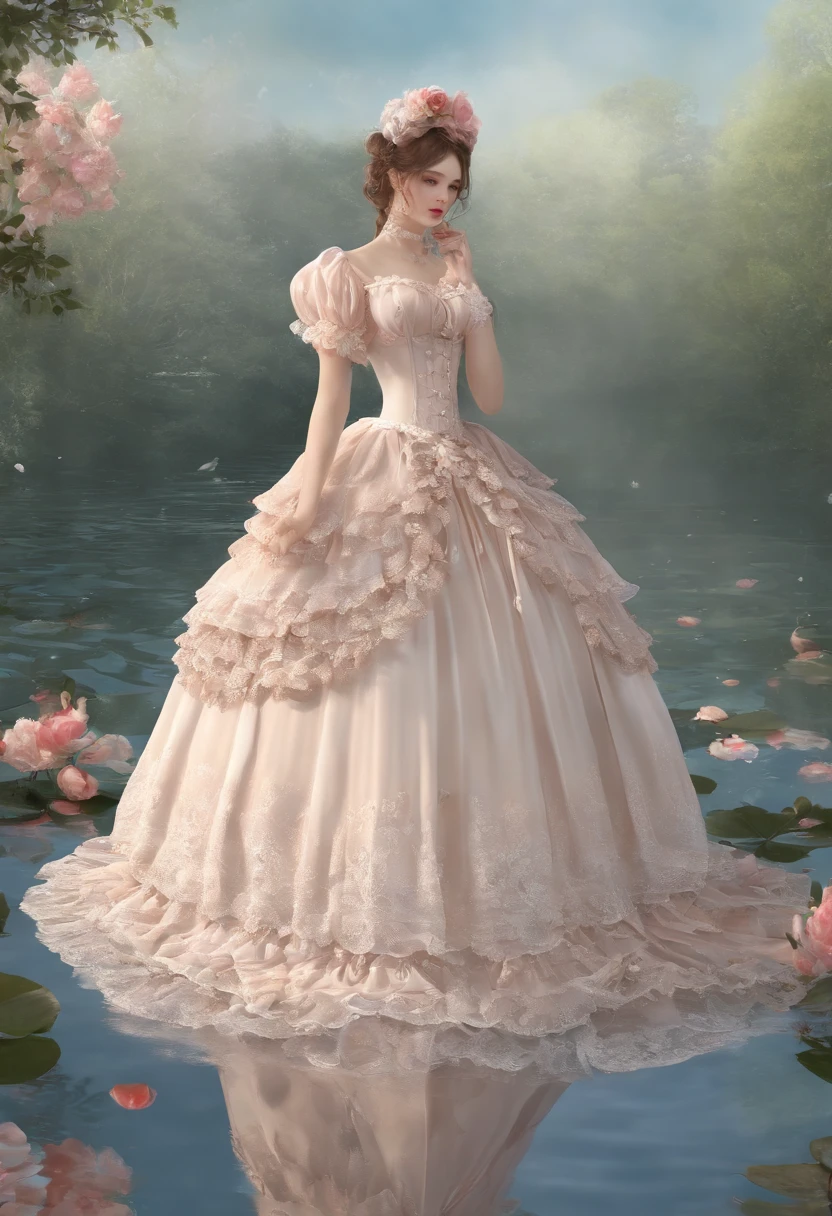 (lingerie:1.3), Takanobu Fujiwara(Takanobu Fujiwara)Digital rendering inspired by, pixiv, rococo, Victoria Gothic ta Fashion, Lolityle,lolita fon, one-piece,She is swimming in the lake,petticoat