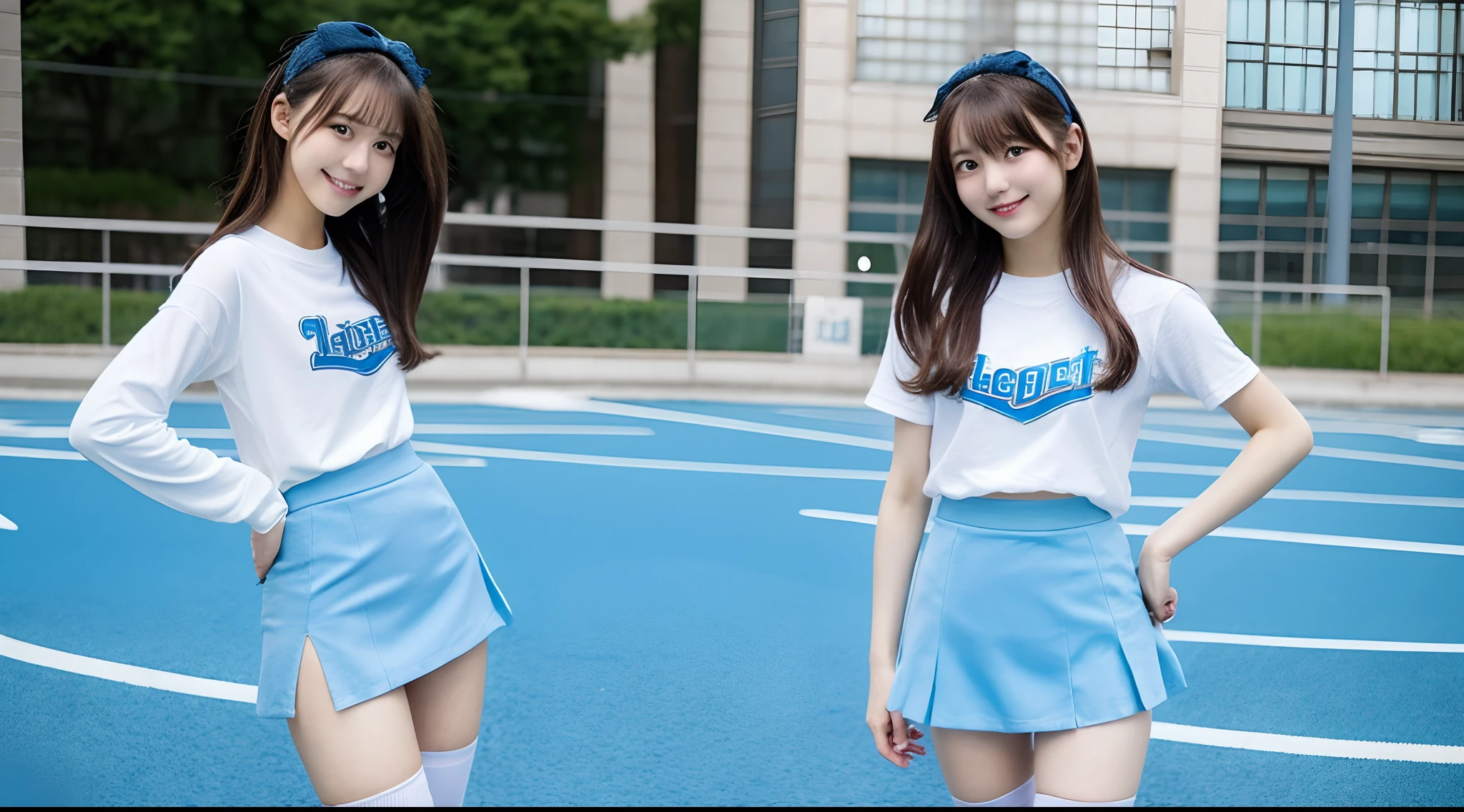 18-year-old cheergirl in a light blue miniskirt