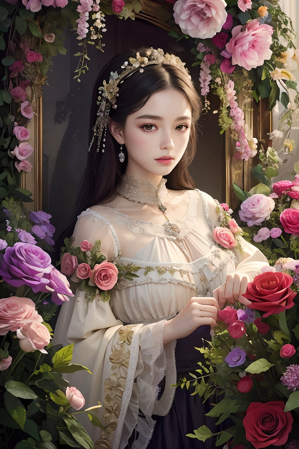 (Masterpiece, Top Quality, Best Quality, Official Art, Beauty and Aesthetics: 1.2), (1girl: 1.3), Very Detailed, (Fractal Art: 1.1), (Color: 1.1) (Flowers: 1.3), Most Detailed,