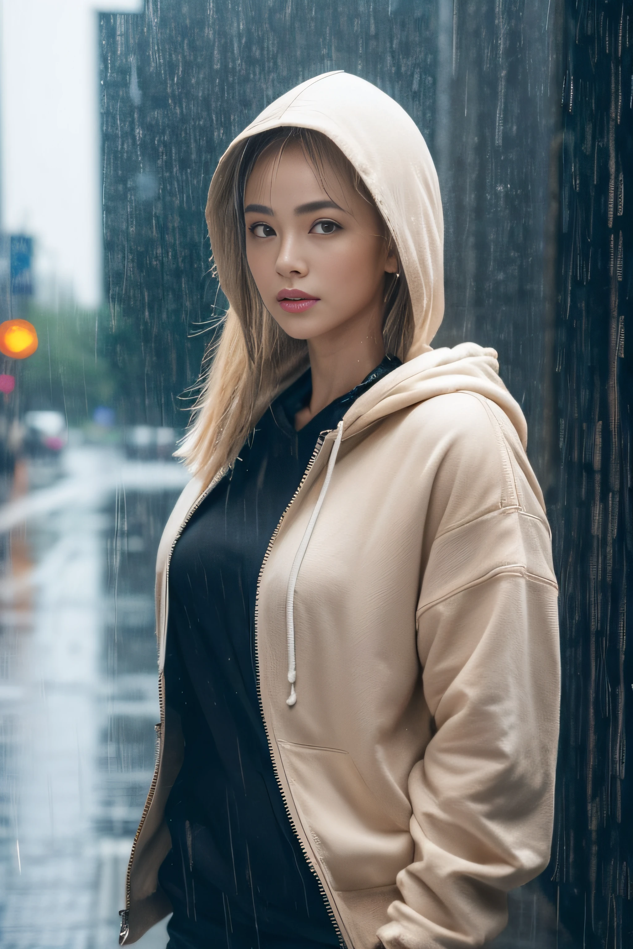 (masterpiece:1.2), ultra detailed, (realistic, photo realistic:1.37), high detail RAW color photo, professional photograph, extremely detailed, finely detail, extremely detailed face, extremely detailed eyes, extremely detailed skin, perfect anatomy, (Japanese famous actress:1.3), blond hair, ponytail, (gyaru:1.2), (Tanned skin:1.3), Cinematic lighting, hoodie, (hood up:1.2), full body, shorts, (downtown:1.2), (dynamic pose:1.4), (heavy rain:1.3), wet skin, wet hair, water drops, splash,