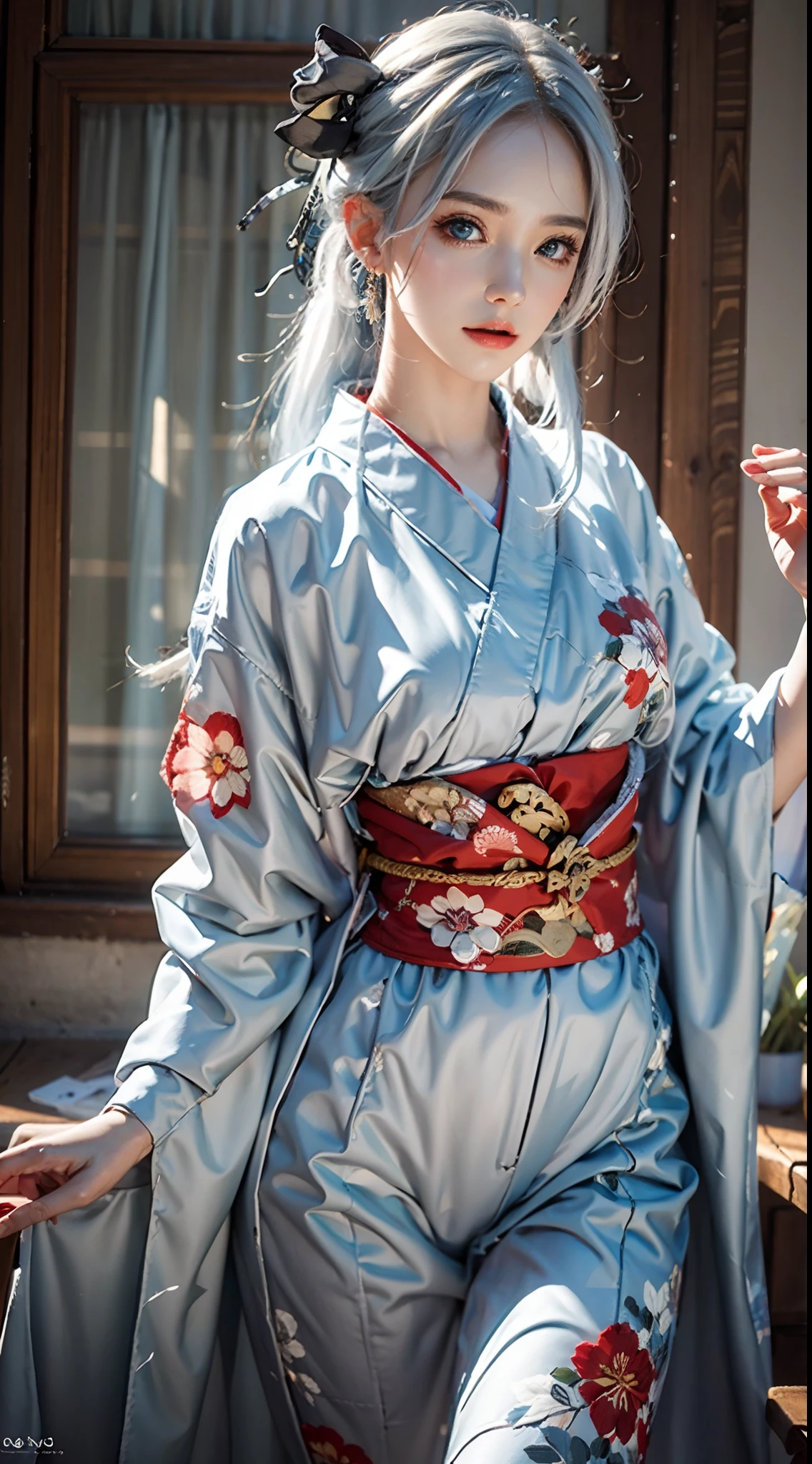photorealistic, masterpiece, photorealistic, high resolution, soft light, hips up, blue eyes, white hair, long hair, black kimono, floral pattern