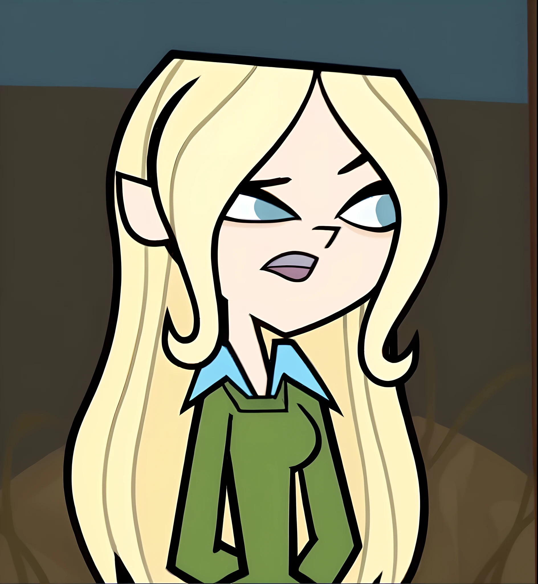 a cartoon picture of a woman with long blonde hair and a green shirt, nefarious smirk, elven character with smirk, gwen stacy, long blonde hair and large eyes, cattie - brie of mithril hall, animated episode still, in cartoon style, elf girl, the goddess artemis smirking, (((mad))) elf princess, sil from species