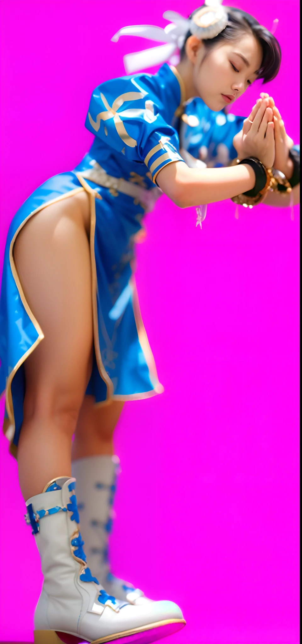 a close up of a young woman in a blue and gold qipao in a praying pose, white leather boots, spike bracelets, clapped hands, black brown hair, white buns, white ribbons