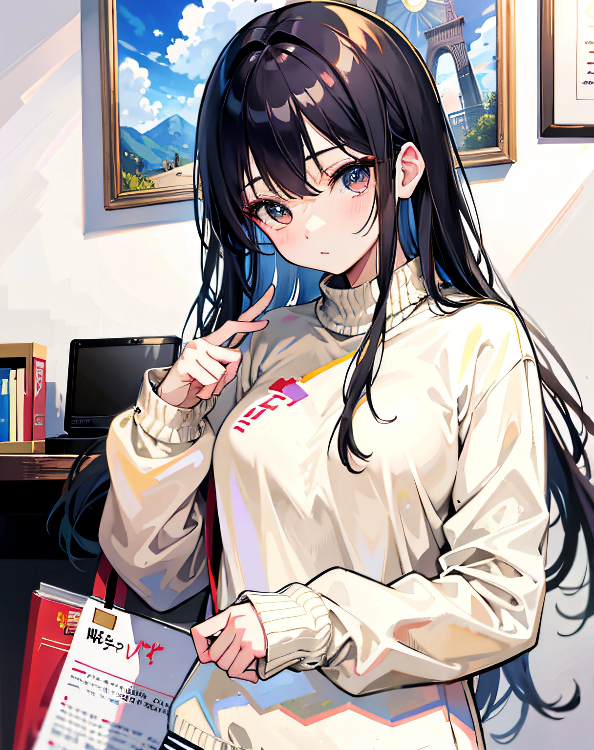 (Realistic painting style:1.0), Masterpiece, Best quality, absurderes, comic strip, illustration,
1 girl, long hair, black hair, Cute girl, young and cute girl, korean girl, {breasts},
long sleeve sweater, wearing long sleeve sweater, beige color sweater,