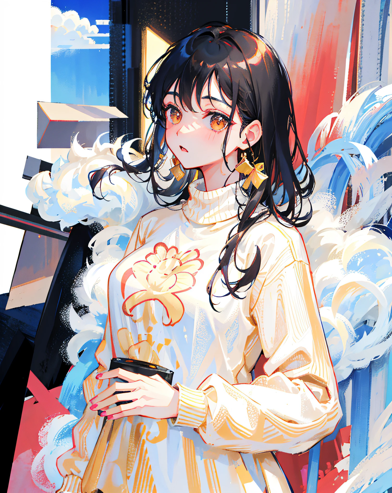 (Realistic painting style:1.0), Masterpiece, Best quality, absurderes, comic strip, illustration,
1 girl, Long hair, Black hair, Cute girl, young and cute girl, Korean girls, {Breasts}, 
long-sleeves sweater, Wear a long-sleeved sweater, Beige sweater,