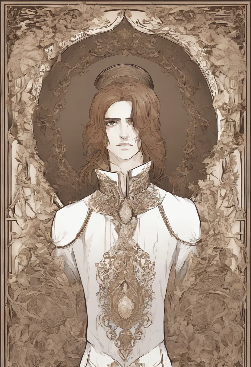 Ancient European aristocratic costumes,young male,shoun,Noble boy,white pantie,Deerskin booties,with short brown hair,Sepia pupils,white backgrounid,Delicate facial features