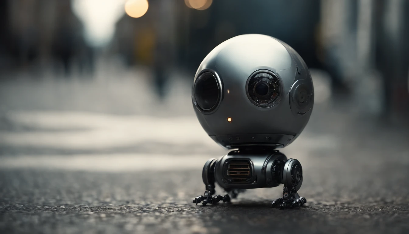 A robot look like a ball and a baby, (masterpiece,extreme detailed,top quality) ,dead city,very cute