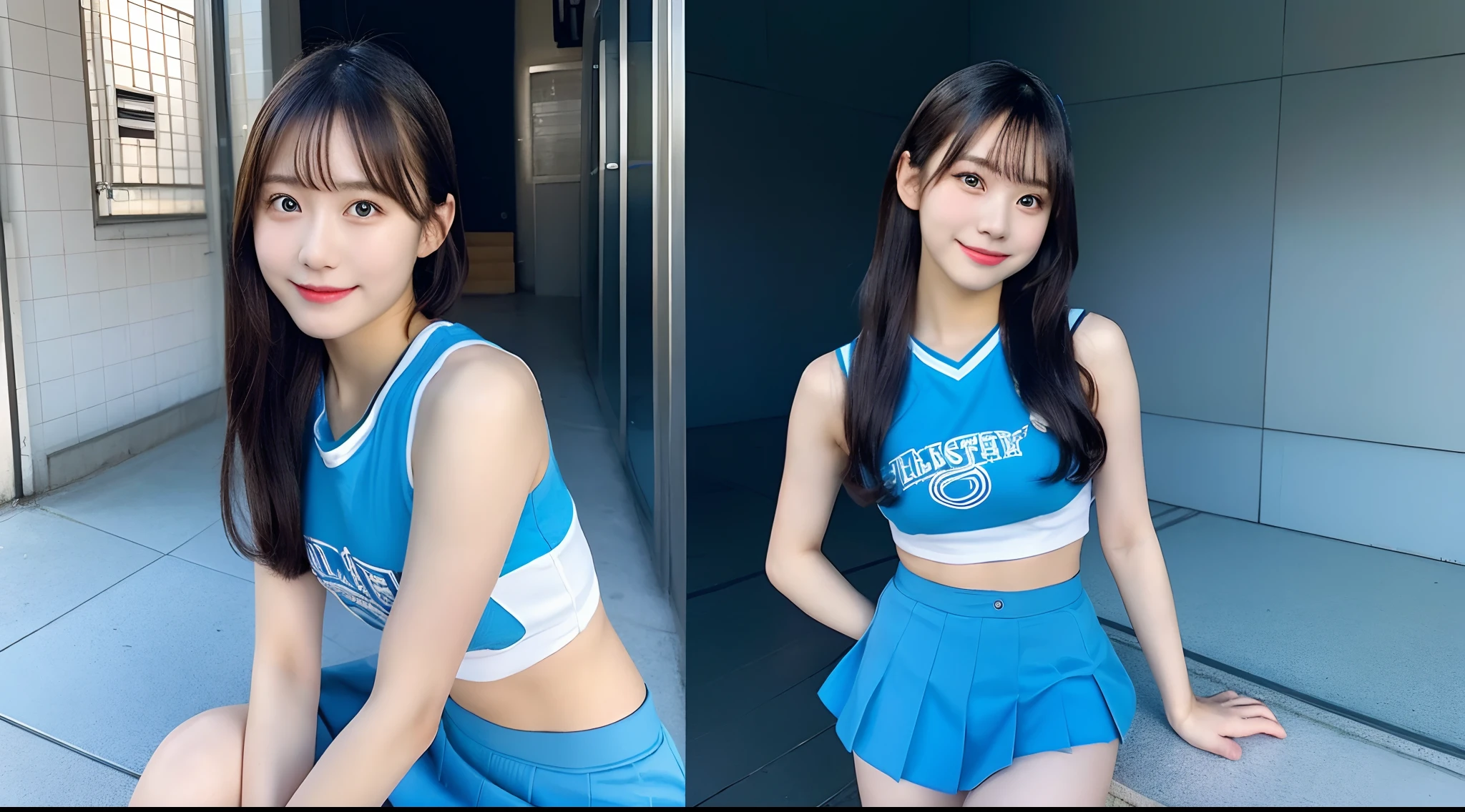 18-year-old cheergirl in a light blue miniskirt