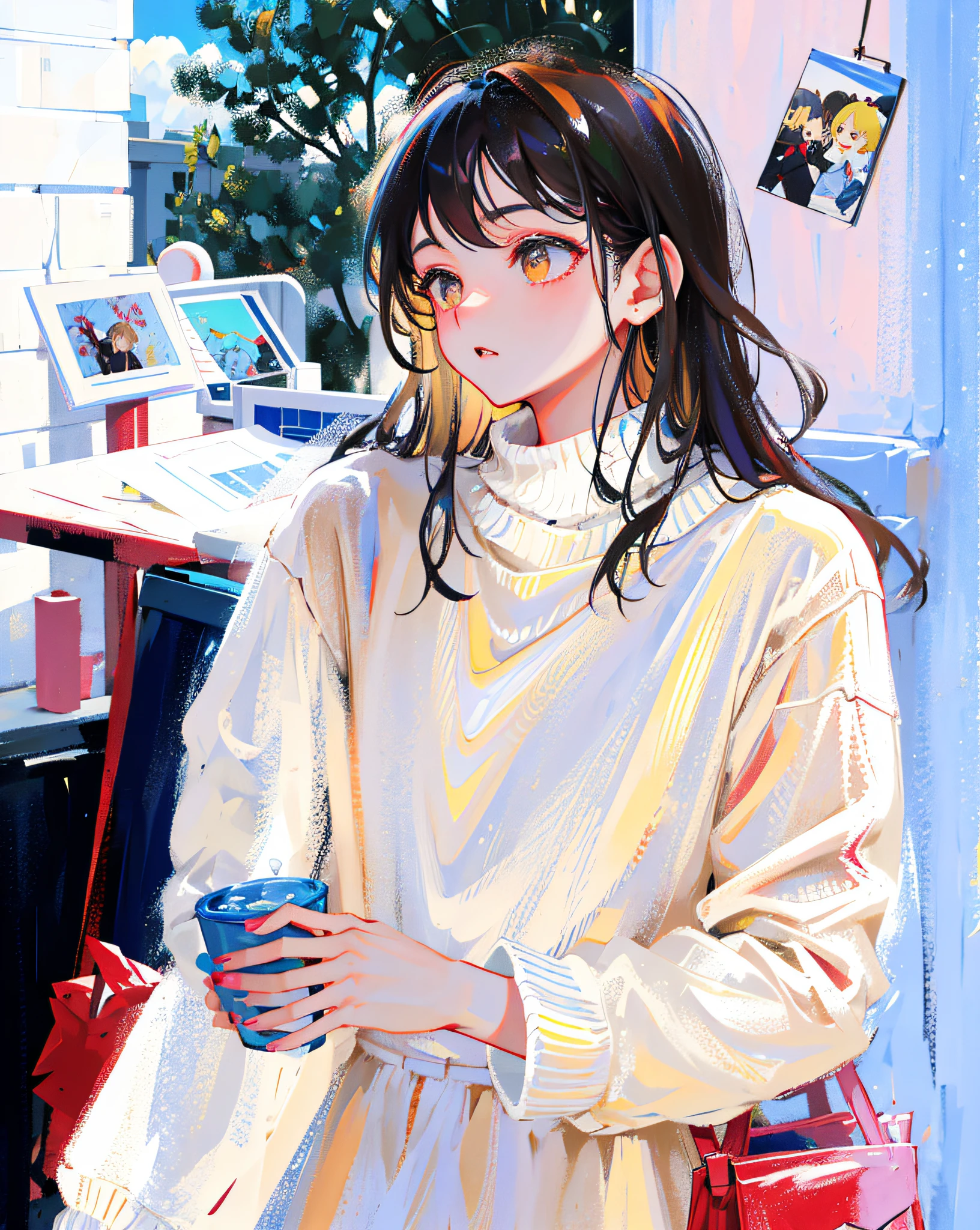 (Realistic painting style:1.0), Masterpiece, Best quality, absurderes, comic strip, illustration,
1 girl, Long hair, Black hair, Cute girl, young and cute girl, Korean girls, {Breasts},
long-sleeves sweater, Wear a long-sleeved sweater, Beige sweater,