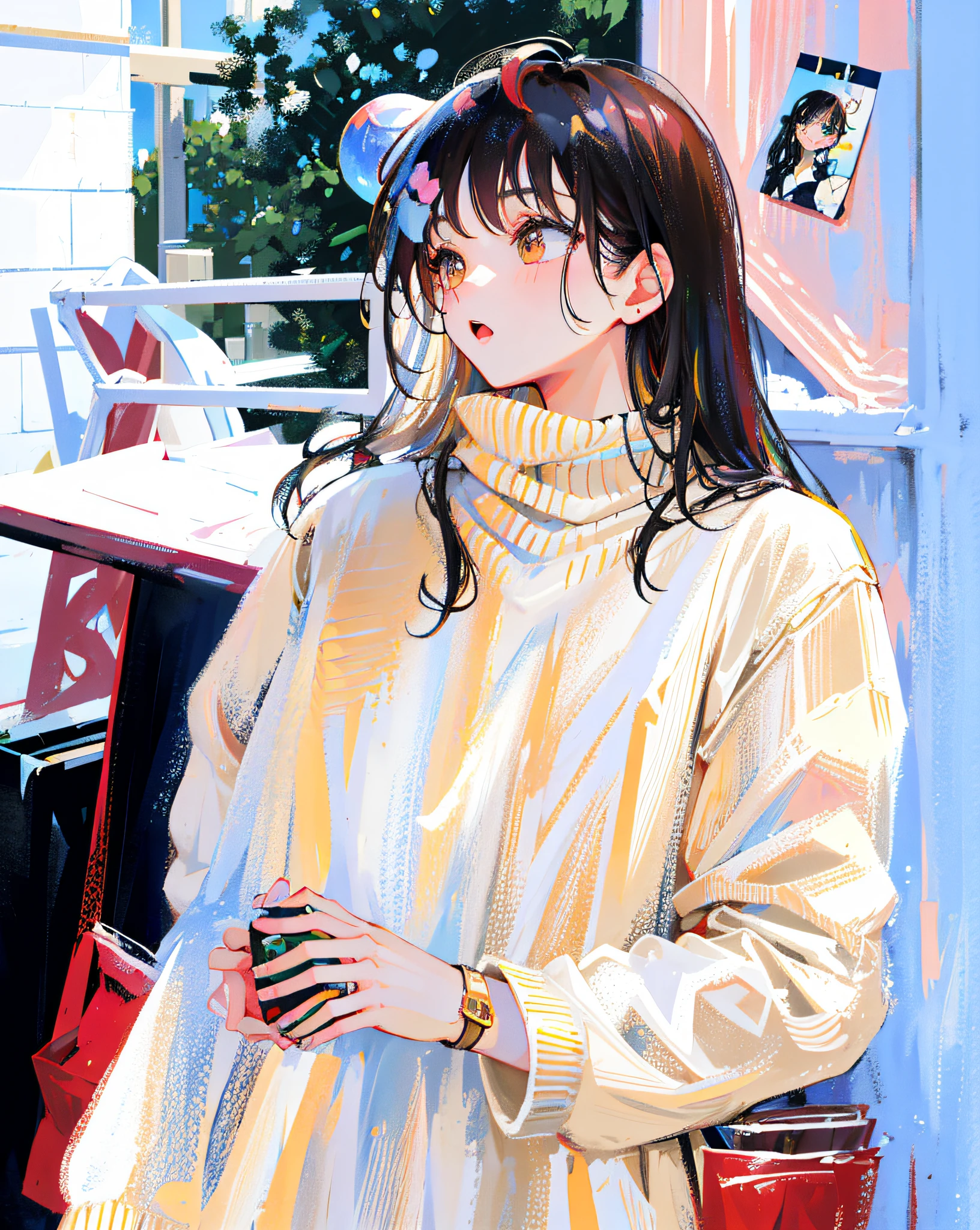 (Realistic painting style:1.0), Masterpiece, Best quality, absurderes, comic strip, illustration,
1 girl, Long hair, Black hair, Cute girl, young and cute girl, Korean girls, {Breasts}, 
long-sleeves sweater, Wear a long-sleeved sweater, Beige sweater,