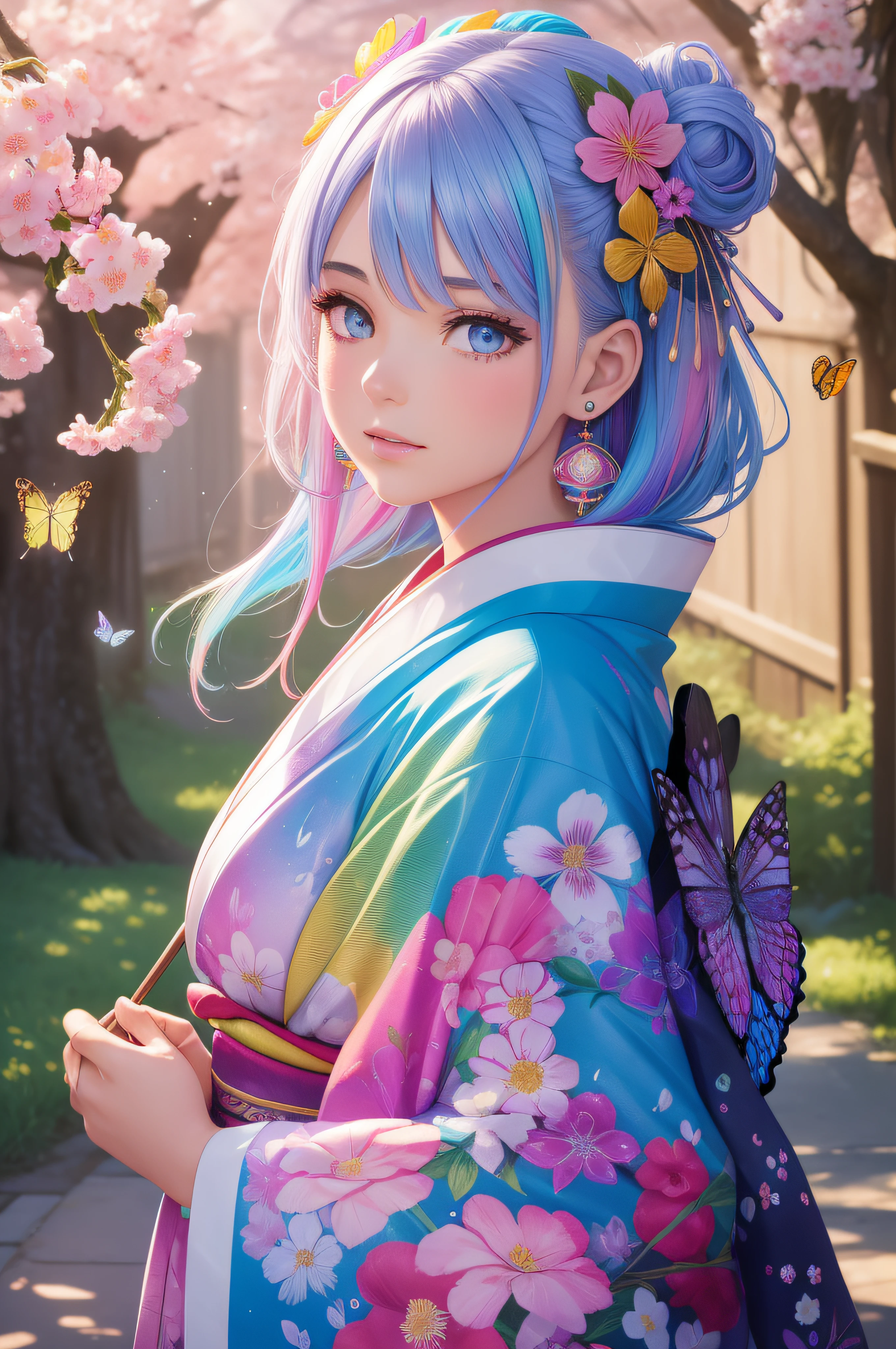 shukezouma, octane render, hdr, (hyperdetailed:1.15), (soft light, sharp:1.2), 1girl, beautiful girl, ultra detailed eyes, mature, plump, thick, rainbow painting drops, paint teardrops, woman made up from paint, entirely paint, splat, splash, long colored hair, kimono made from paint, ultra detailed texture kimono, rainbow paint kimono, paint bulb, paint drops, (hair ornaments, earrings, flowers hair ornaments, butterflies hair ornaments), outdoors, sakura trees