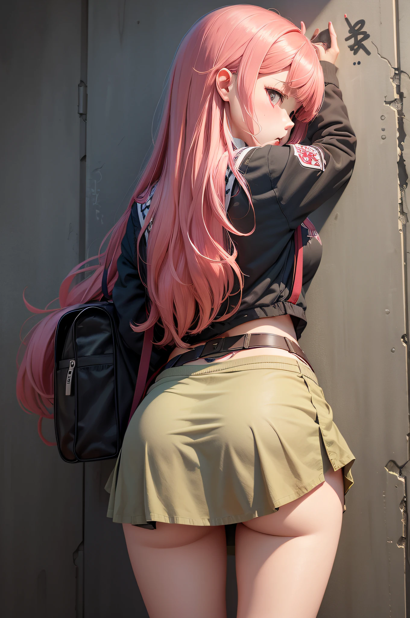 (masutepiece), Long hair, 1girl in, fluffy hair, Red hair, siblings, Tsundere, Short Threes, high-school uniform, School Girl, tie, embarrassed, Blushing, wobbly mouth, (angry), from behind, Pink hair, Looking at Viewer, Outside, backpack, Panties, Sexy, thin waist, thick hips, Big ass,『Forcibly motherized rape』Background with、(A wall of graffiti full of letters that says 動め動め動る)(She is forced to go into estrus)(Ovulate)(Fertilize)Controlled by a rapist demon and turned into a mother、Forced motherization rape