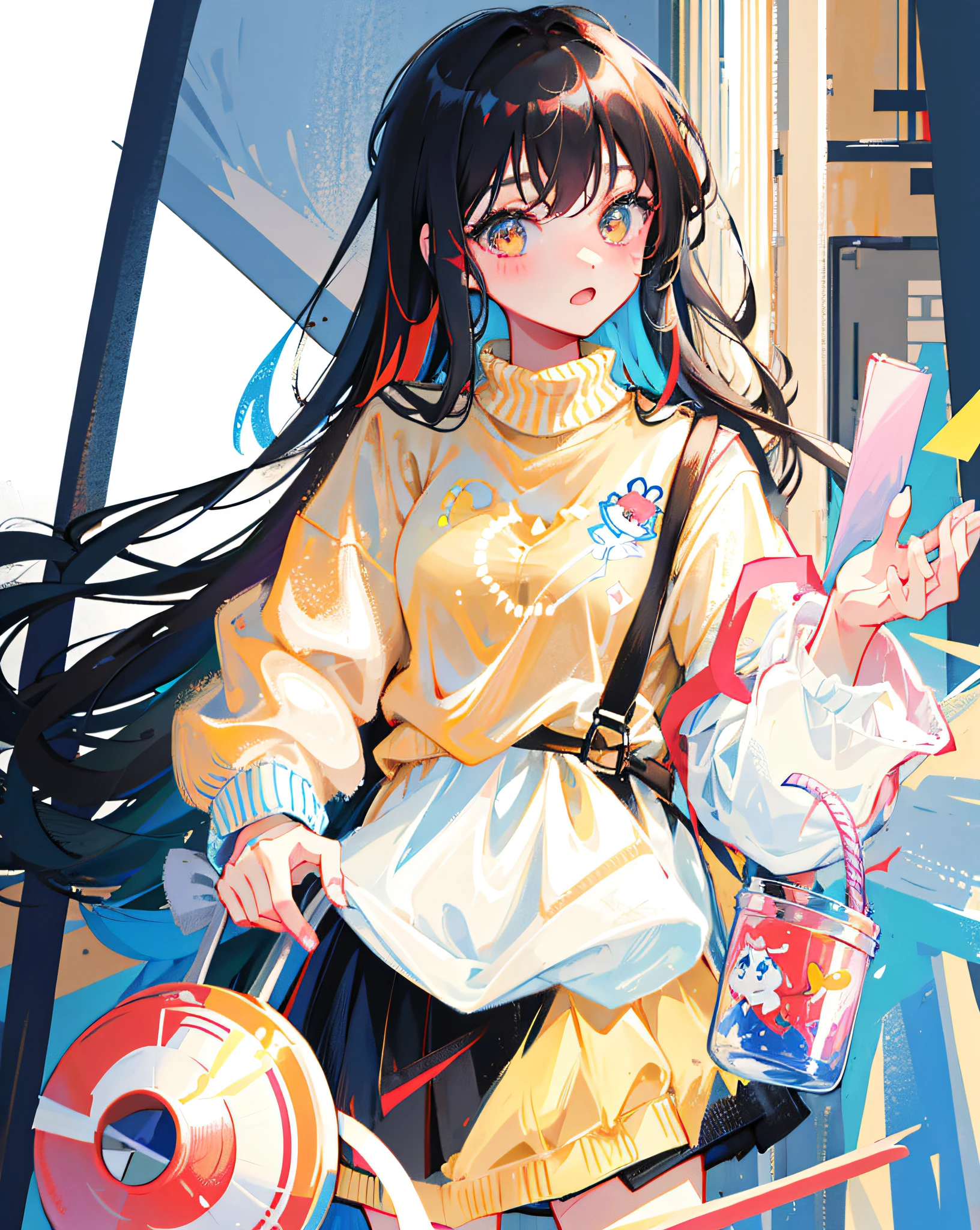 (Realistic painting style:1.0), Masterpiece, Best quality, absurderes, comic strip, illustration,
1 girl, Long hair, Black hair, Cute girl, young and cute girl, Korean girls, {Breasts}, 
long-sleeves sweater, Wear a long-sleeved sweater, Beige sweater,