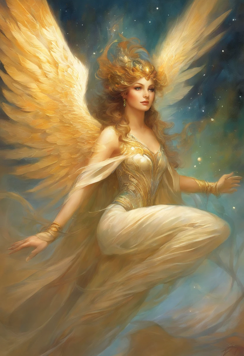 uma pintura de um anjo, com um rosto bonito, ((Dramatic look at the camera,((corpo muscular,forte,pernas bem torneadas e musculosas)), (((superior grande e forte)), ((with several huge wings)), (((asas de anjo)), various positions (((tiro de corpo inteiro)), homem de corpo inteiro, Frank Kelly Freas, Estilo Karol Bak, best quality,32k ultra qualidade, qualidade do papel de desfile, imagem do filme, Classic 8K