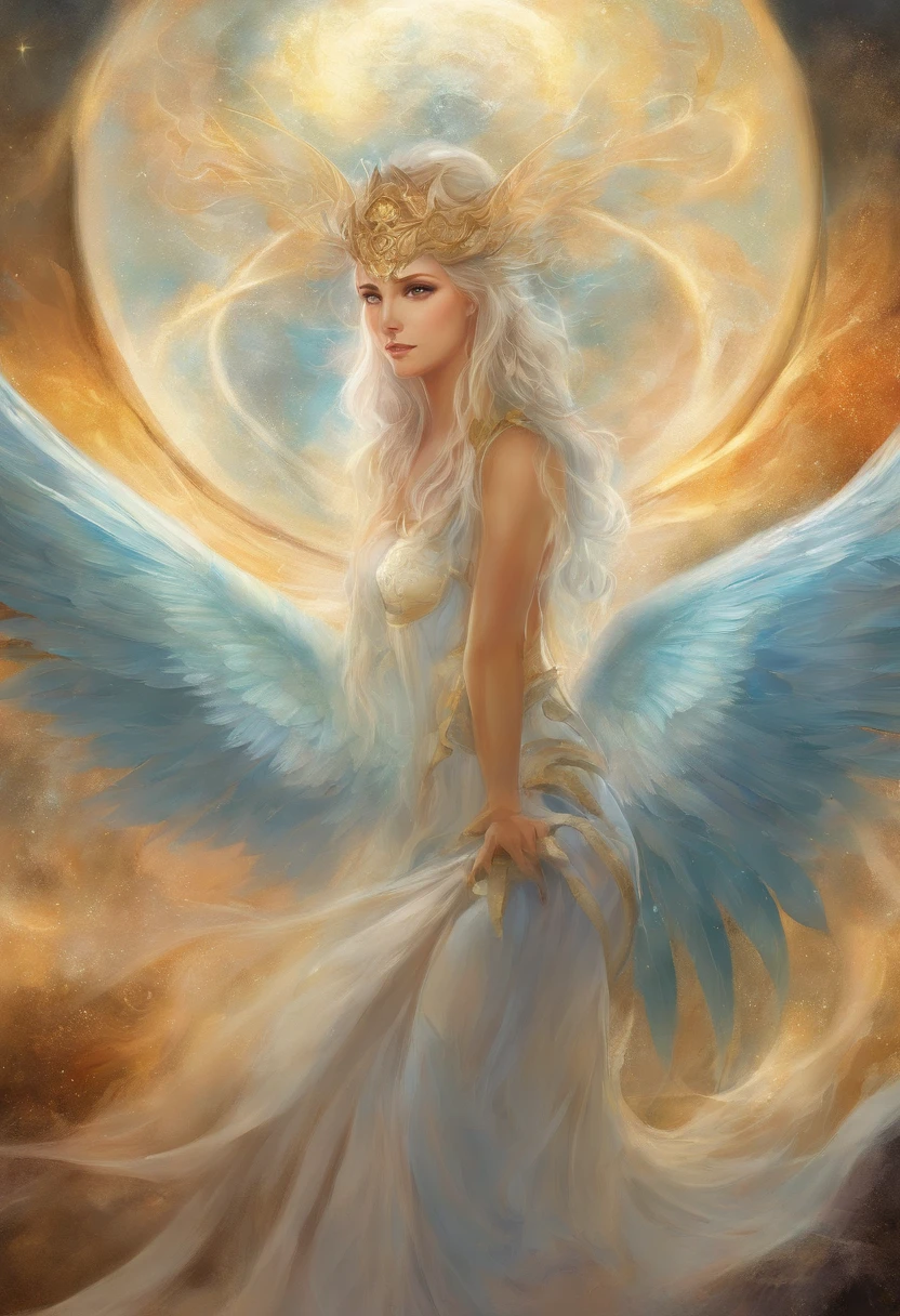 uma pintura de um anjo, com um rosto bonito, ((Dramatic look at the camera,((corpo muscular,forte,pernas bem torneadas e musculosas)), (((superior grande e forte)), ((with several huge wings)), (((asas de anjo)), various positions (((tiro de corpo inteiro)), homem de corpo inteiro, Frank Kelly Freas, Estilo Karol Bak, best quality,32k ultra qualidade, qualidade do papel de desfile, imagem do filme, Classic 8K