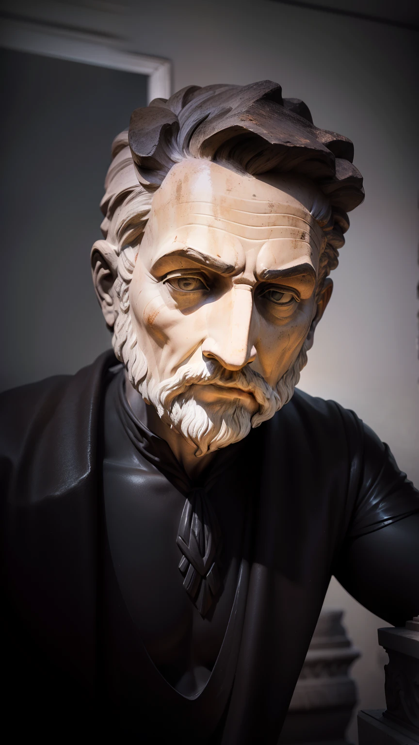 Create an awe-inspiring 8K image portraying a Greek philosopher from the 3rd century BC, immortalized as a statue. Set the scene in a dark and mysterious ambiance, with the figure of the philosopher blurred but enigmatically illuminated by epic lighting and shadows. The resulting image should exude the aura of profound contemplation and wisdom.