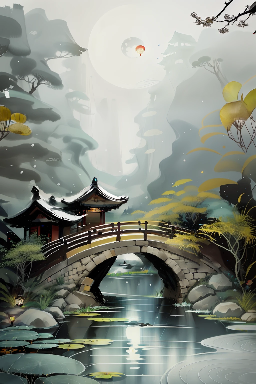 masterpiece,best quality,Chinese martial arts style,an snowing asian night scene with lanterns and water lilies,asian pond with many lanterns and boatsa night scene with many lights and boats in the water, snowflakes ,Lake surface, lotus flowers,beautiful night scene,(((Chinese martial arts style))), with vast sky, continuous mountains and steep cliffs, ink wash style, outline light, atmospheric atmosphere, depth of field, mist rising, bamboo, pine trees, octagonal stone pavilion, waterfall flowing water,big full moon,(No color) , Monochrome, light color,