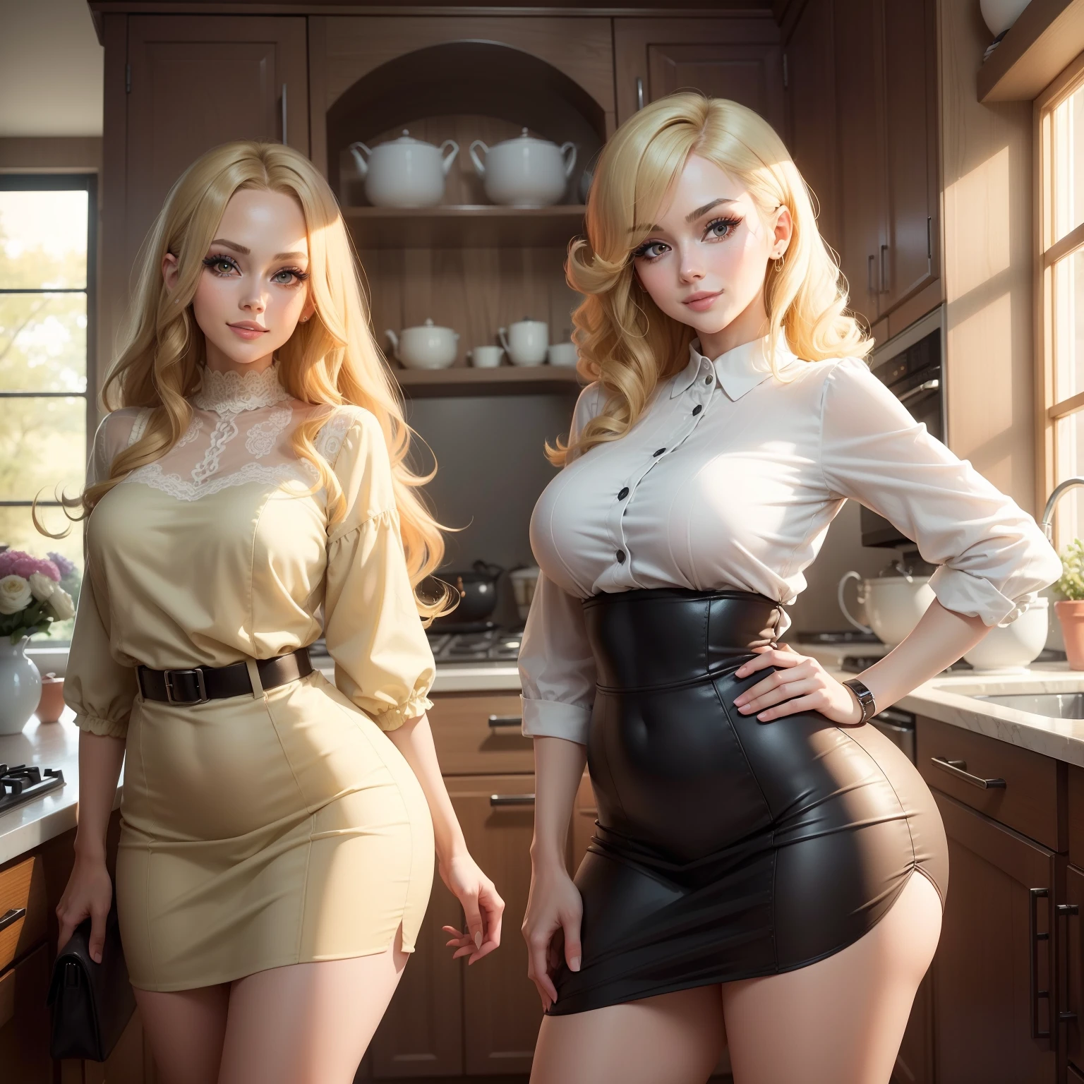 (masutepiece:1.2), (Best Quality:1.2), Full body portrait,Perfect eyes, Perfect face, Perfect Lighting, 1girl in, Mature woman in the field, medium blonde hair, Curly hair, detailed clothes, 1960s kitchen, makeup, eyeshadows, thick eyelashes, Fantasy, Looking at the viewer, Happy,Skinny Legs,