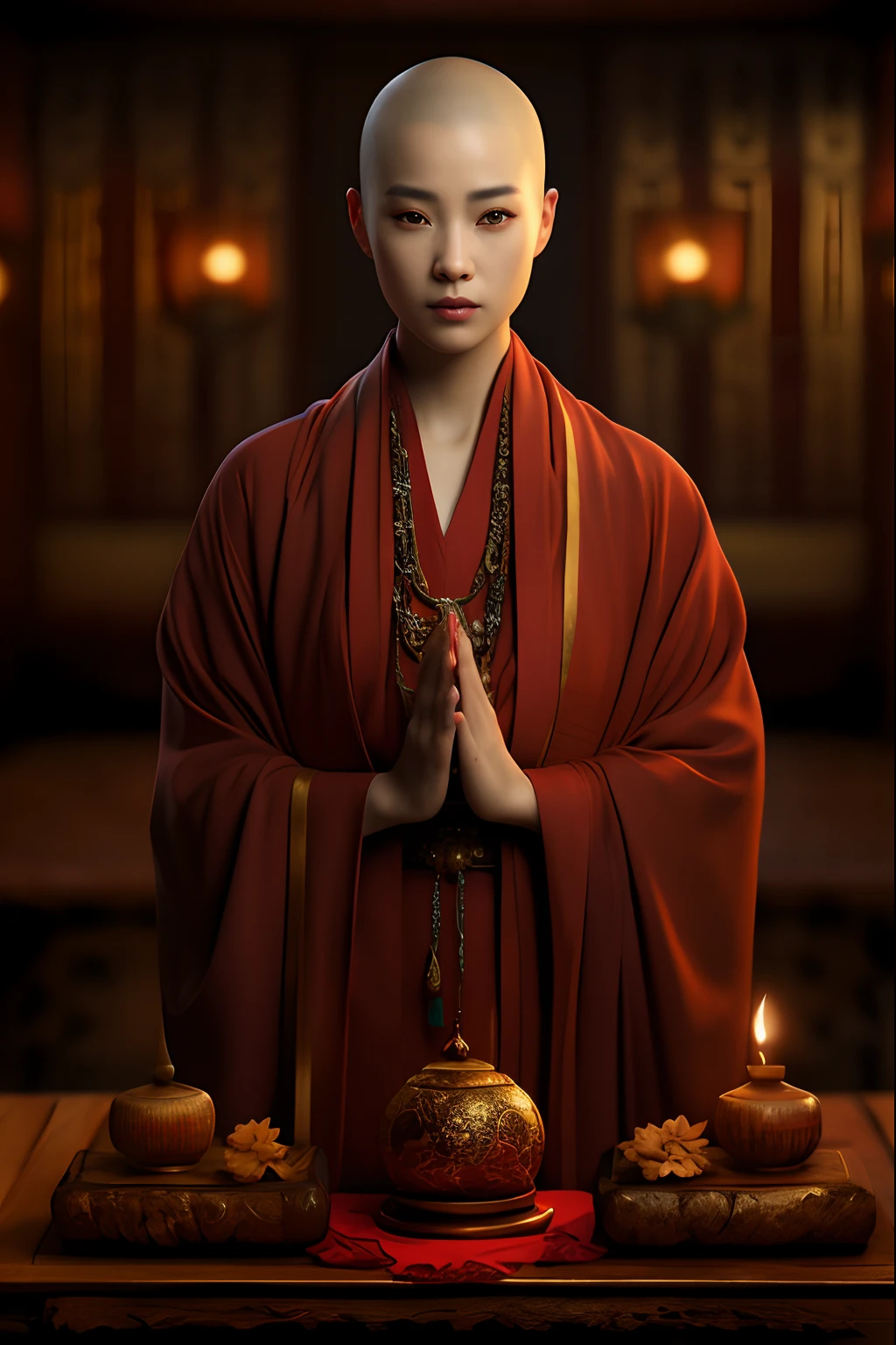 The red-robed Araffed monk stood at the table eating, cinematic goddess shot, portrait of a priestess, unreal engine rendered + A goddess, matte painting portrait shot, wearing gilded red robes, cgsociety uhd 4k highly detailed, inspired by Lü Ji, 3 D rendering character art 8 K, an ancient Chinese goddess, portrait shooting