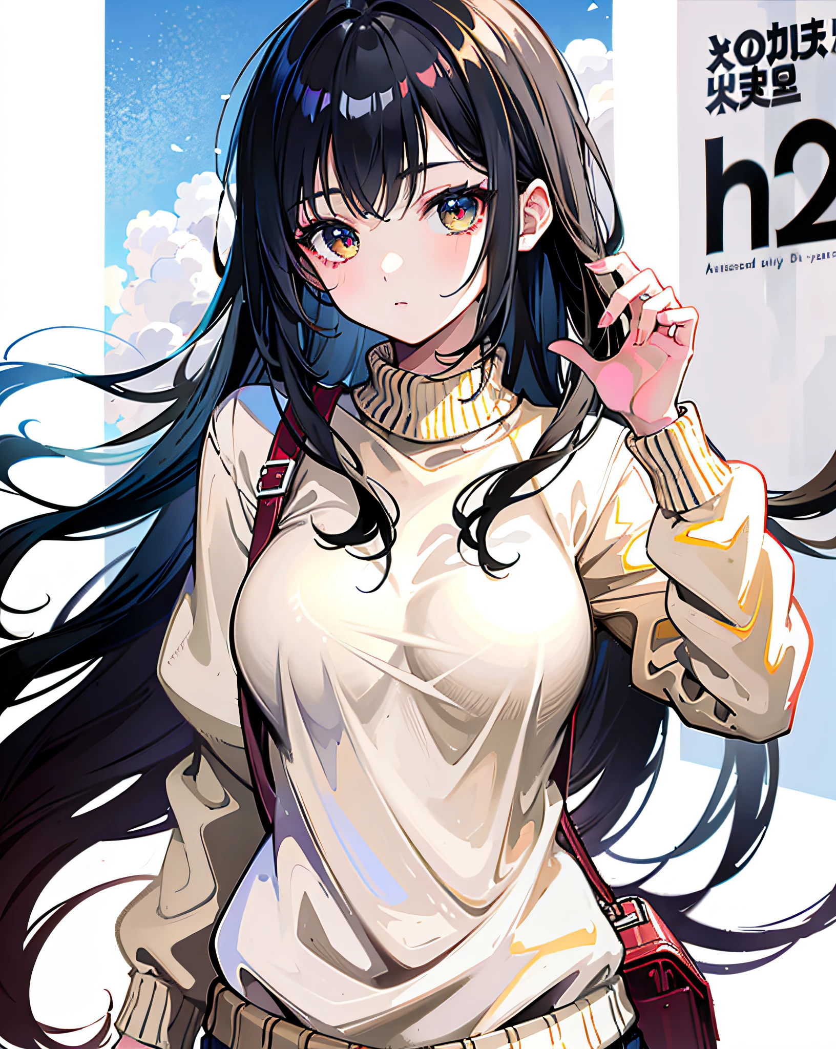 (Realistic painting style:1.0), Masterpiece, Best quality, absurderes, comic strip, illustration,
1 girl, Long hair, Black hair, Cute girl, young and cute girl, Korean girls, {Breasts},
long-sleeves sweater, Wear a long-sleeved sweater, Beige sweater,