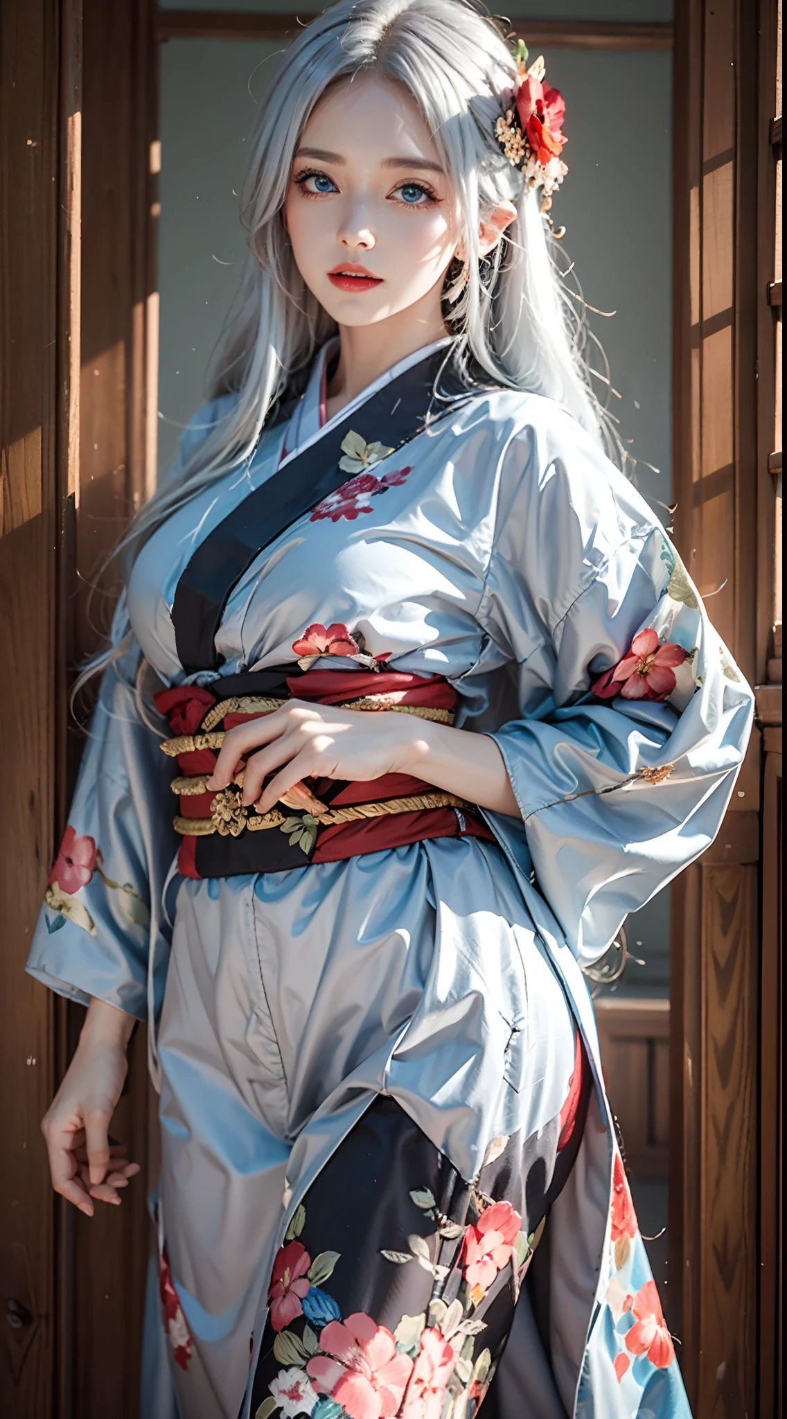 photorealistic, masterpiece, photorealistic, high resolution, soft light, hips up, blue eyes, white hair, long hair, black kimono, floral pattern