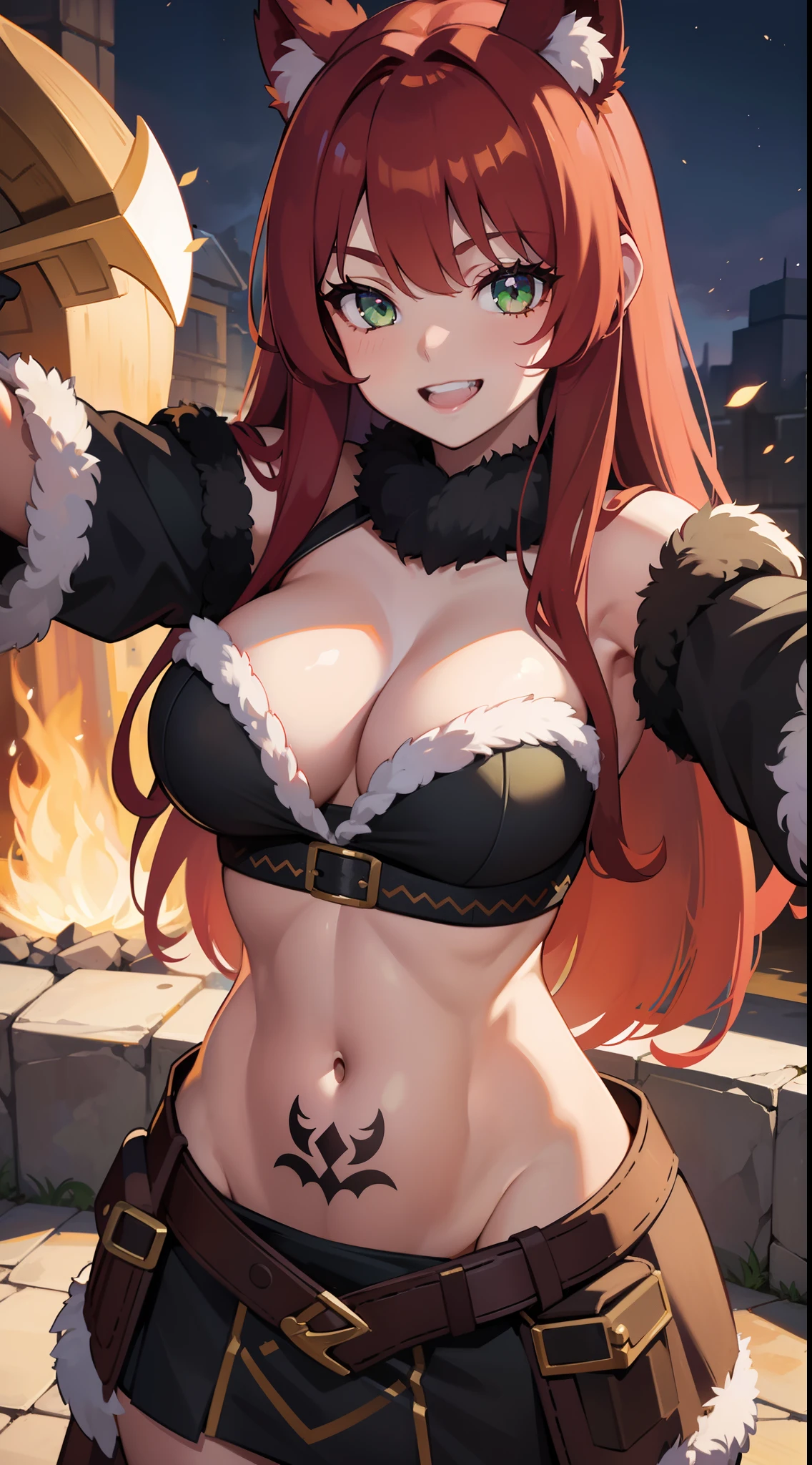 young girl, long curly red hair, Green eyes, large breasts, musculature, barbarian, Smile, teeth, Futhark tattoo, Dressed in a bearskin, Sleeves, open belly, open breasts, Masterpiece, hiquality, 4k, HD, Good detail
