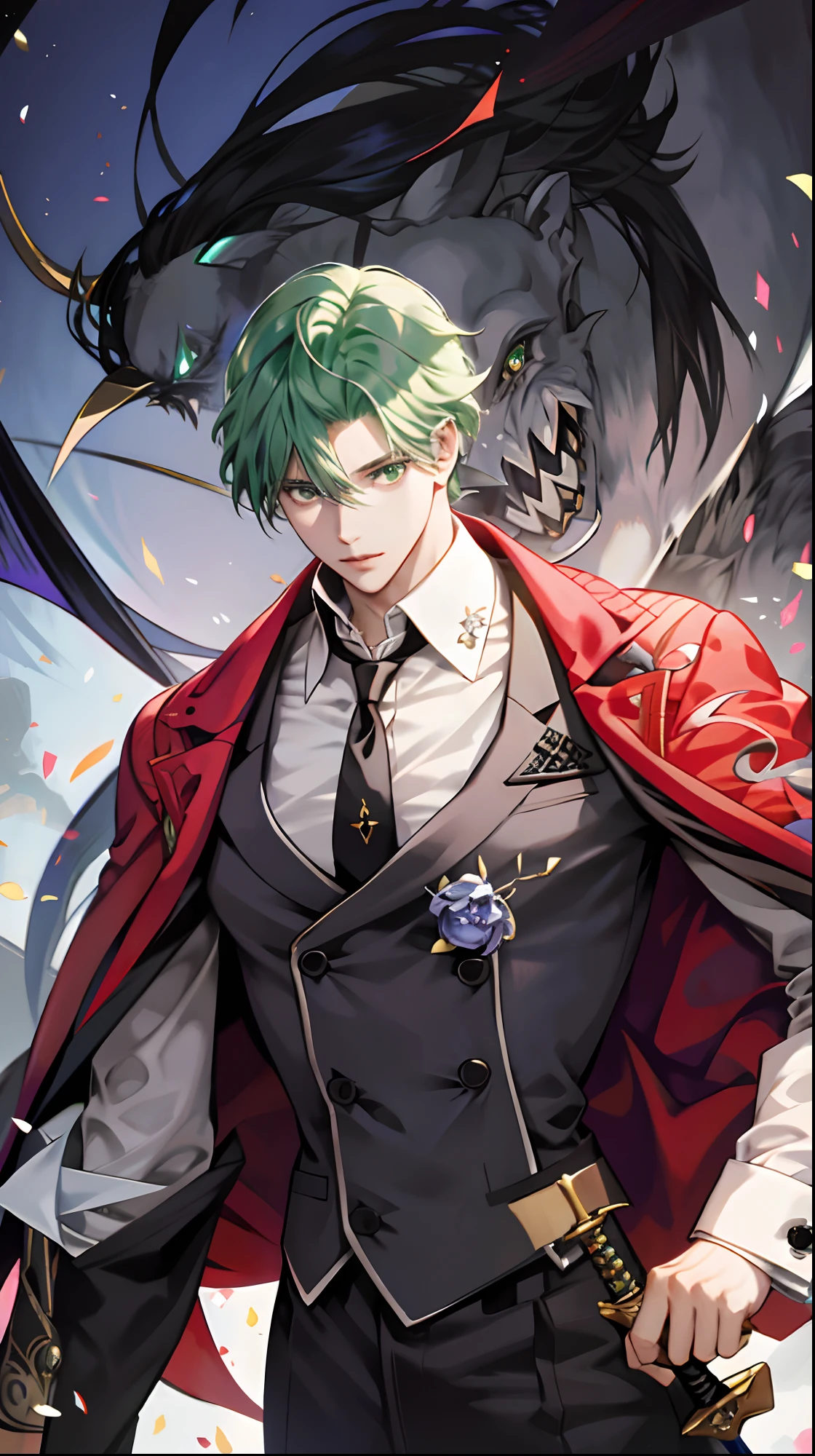 a close up of a person in a suit and tie with a sword, beautiful androgynous prince, sakimichan frank franzzeta, delicate androgynous prince, heise jinyao, handsome guy in demon slayer art, casimir art, zhongli from genshin impact, range murata and artgerm, keqing from genshin impac, green hair