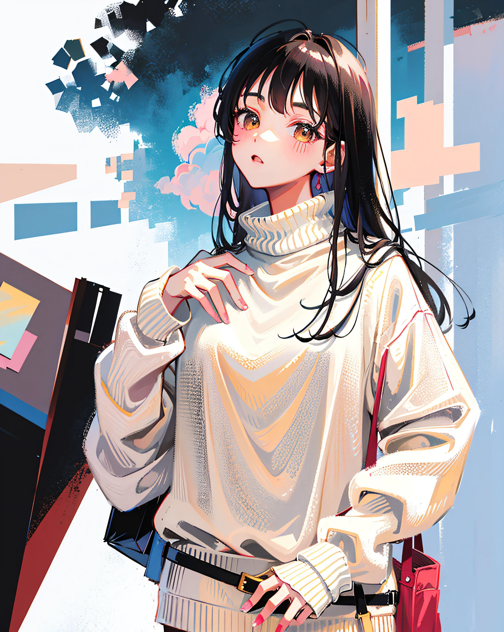 (Realistic painting style:1.0), Masterpiece, Best quality, absurderes, comic strip, illustration,
1 girl, Long hair, Black hair, Cute girl, young and cute girl, Korean girls, {Breasts}, 
long-sleeves sweater, Wear a long-sleeved sweater, Beige sweater,