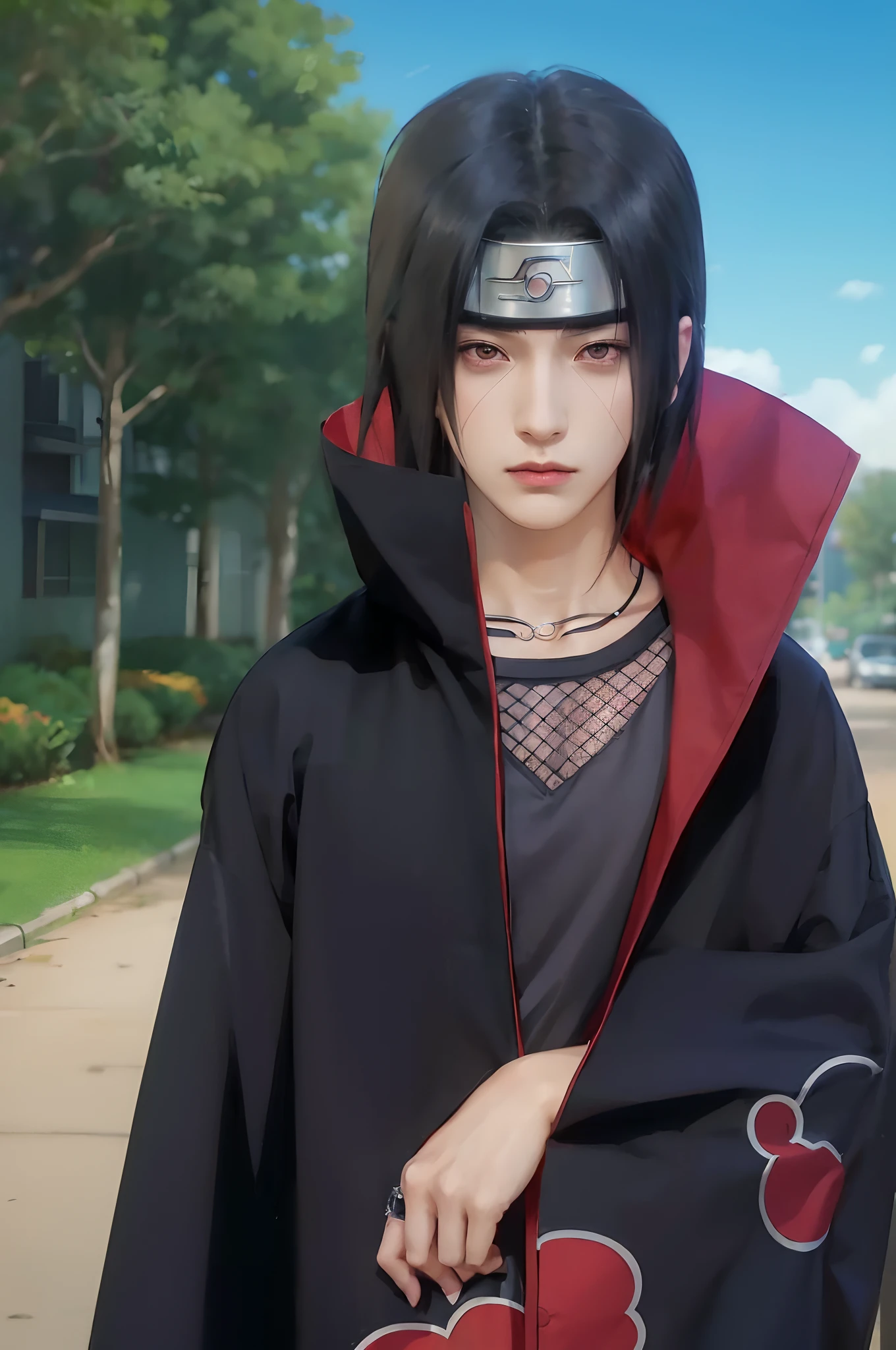 1male, uchiha itachi in anime naruto shippuden, long hair , black hair, red eyes, handsome, black clothes, realistic clothes, detail clothes, city background, ultra detail, realistic