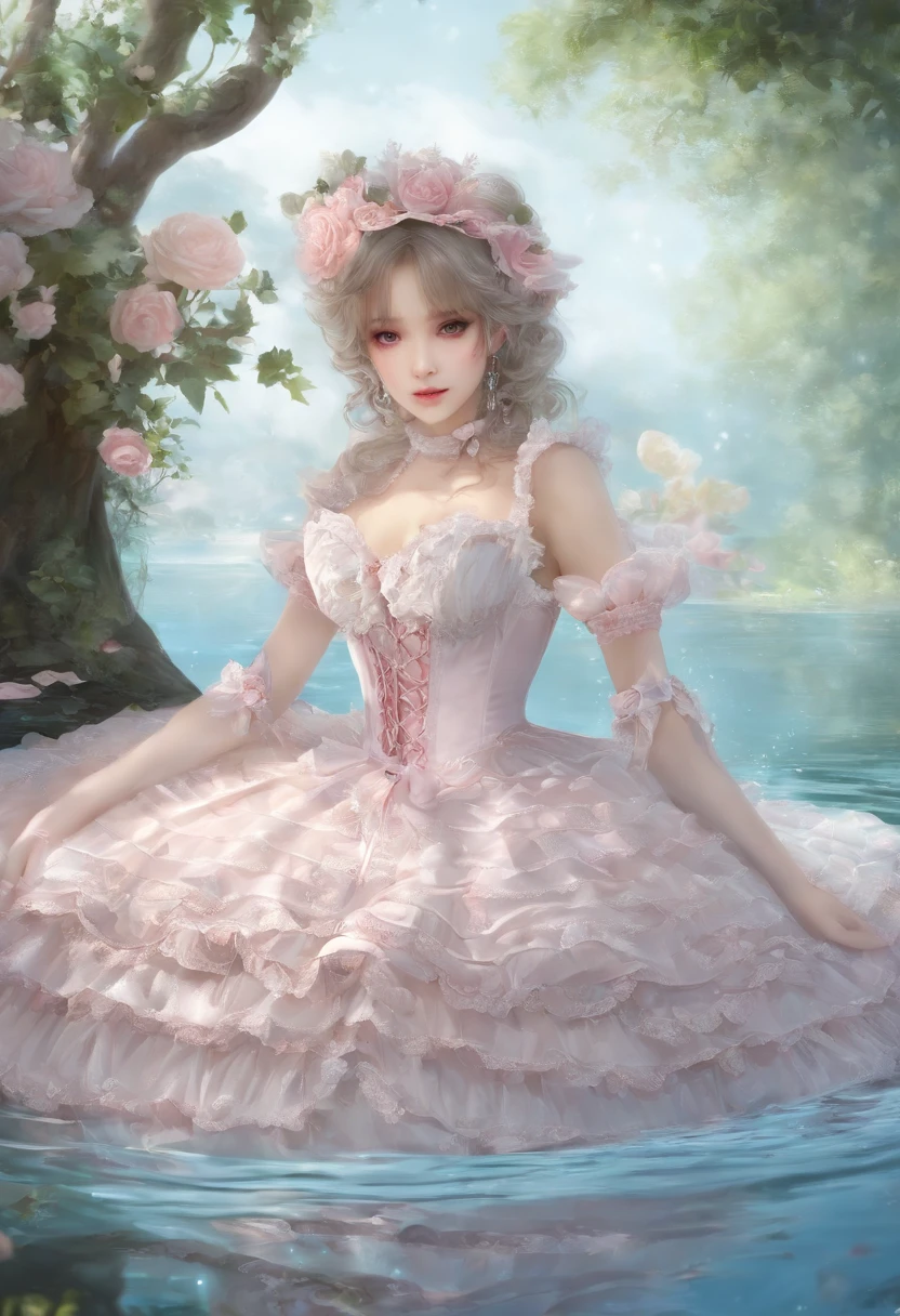 (lingerie:1.3), Takanobu Fujiwara(Takanobu Fujiwara)Digital rendering inspired by, pixiv, rococo, Victoria Gothic Lolita Fashion, Lolita Style,lolita fashion, one-piece,She is swimming in the lake,petticoat