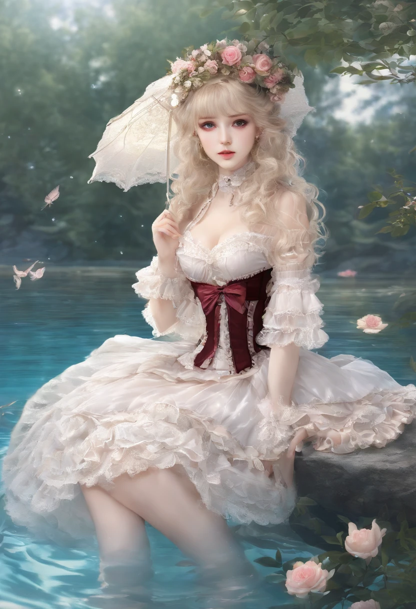 (lingerie:1.3), Takanobu Fujiwara(Takanobu Fujiwara)Digital rendering inspired by, pixiv, rococo, Victoria Gothic ta Fashion, Lolityle,lolita fon, one-piece,She is swimming in the lake,petticoat