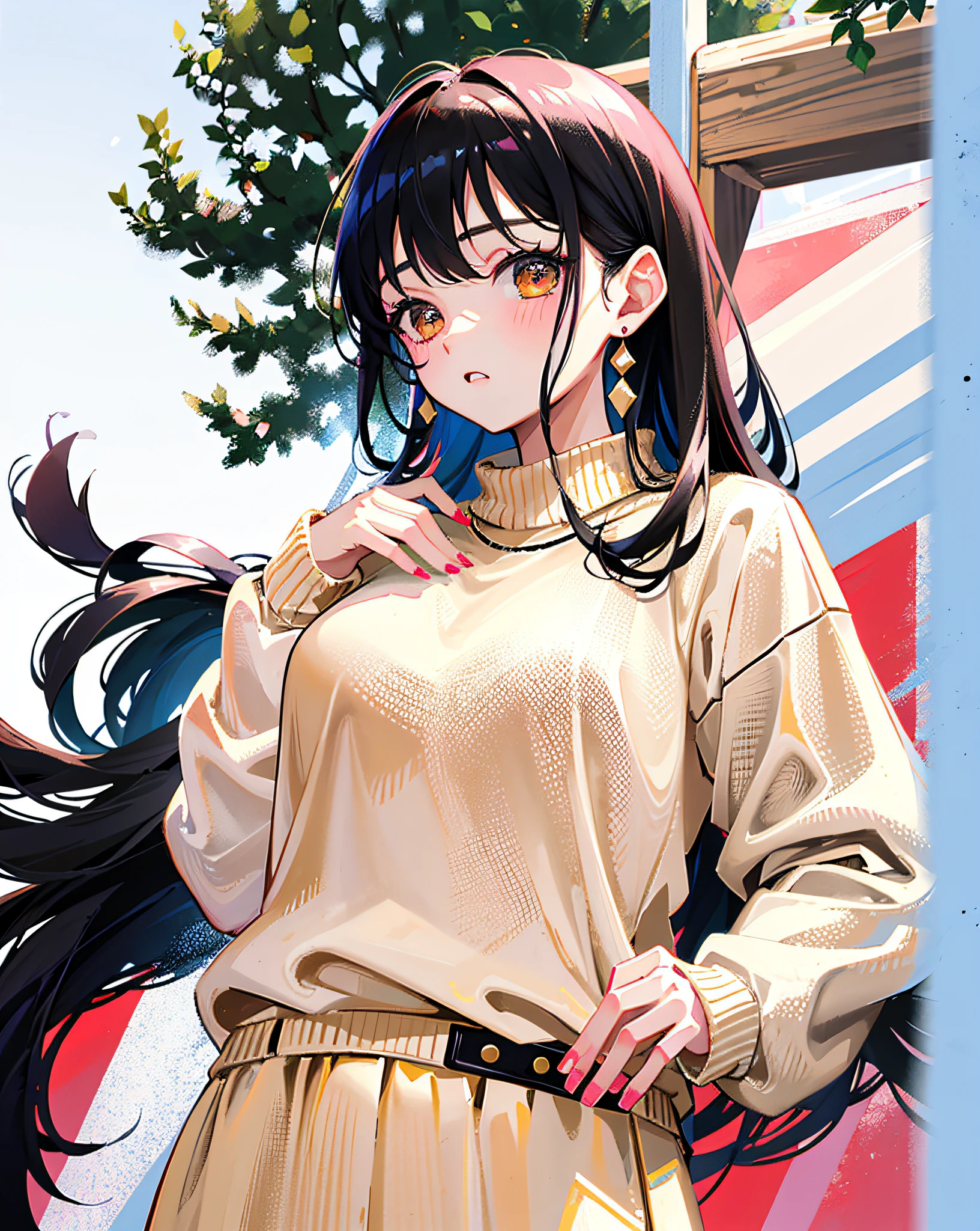 (Realistic painting style:1.0), Masterpiece, Best quality, absurderes, comic strip, illustration,
1 girl, Long hair, Black hair, Cute girl, young and cute girl, Korean girls, {Breasts},
long-sleeves sweater, Wear a long-sleeved sweater, Beige sweater,