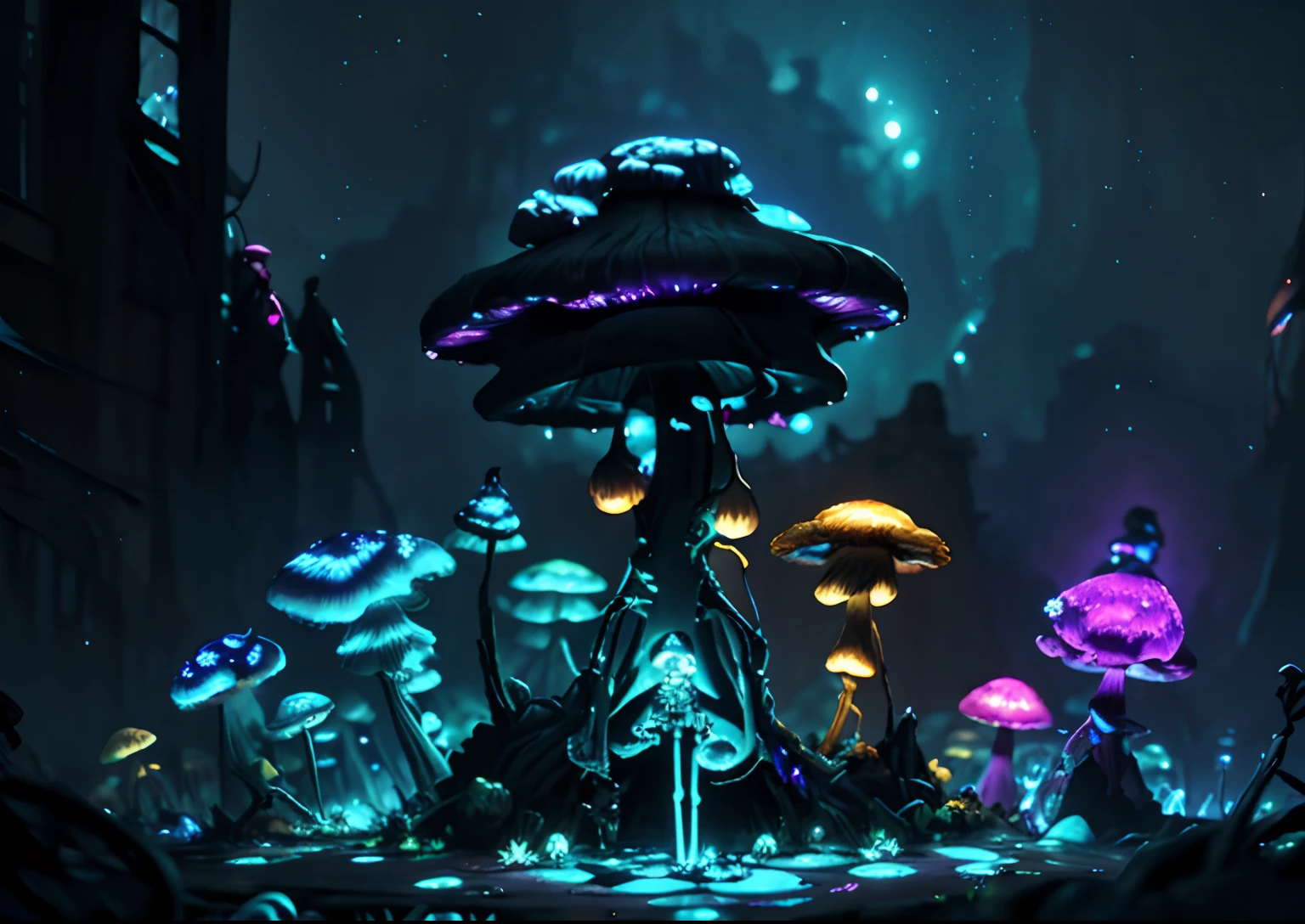 ShroomPunkAI, bioluminescence, skeleton, messy environment