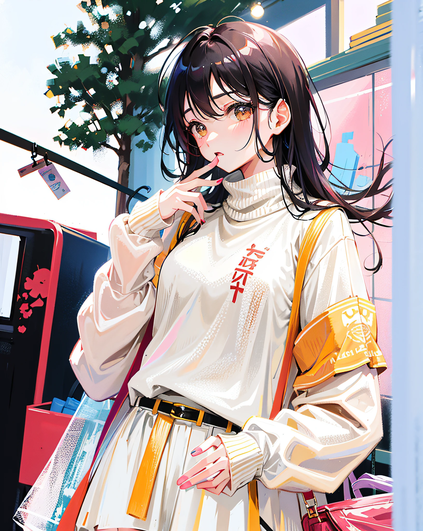 (Realistic painting style:1.0), Masterpiece, Best quality, absurderes, comic strip, illustration,
1 girl, Long hair, Black hair, Cute girl, young and cute girl, Korean girls, {Breasts},
long-sleeves sweater, Wear a long-sleeved sweater, Beige sweater,