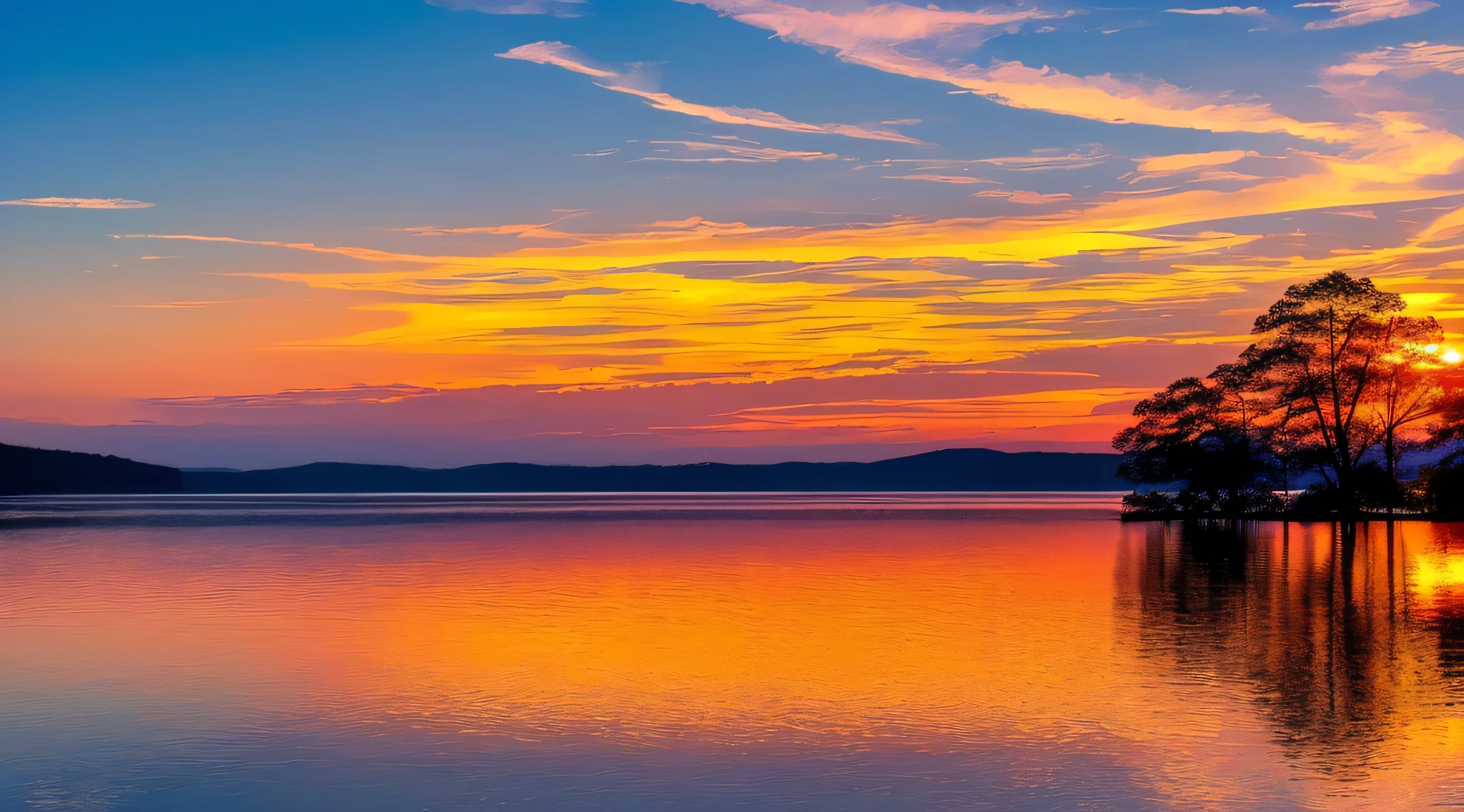 (sunset, picturesque, vibrant colors, serene mood, reflection on water, peaceful atmosphere, majestic view, golden rays, tranquil beauty, soft lighting, stunning landscape, ektachrome photography, Heise's masterpiece)