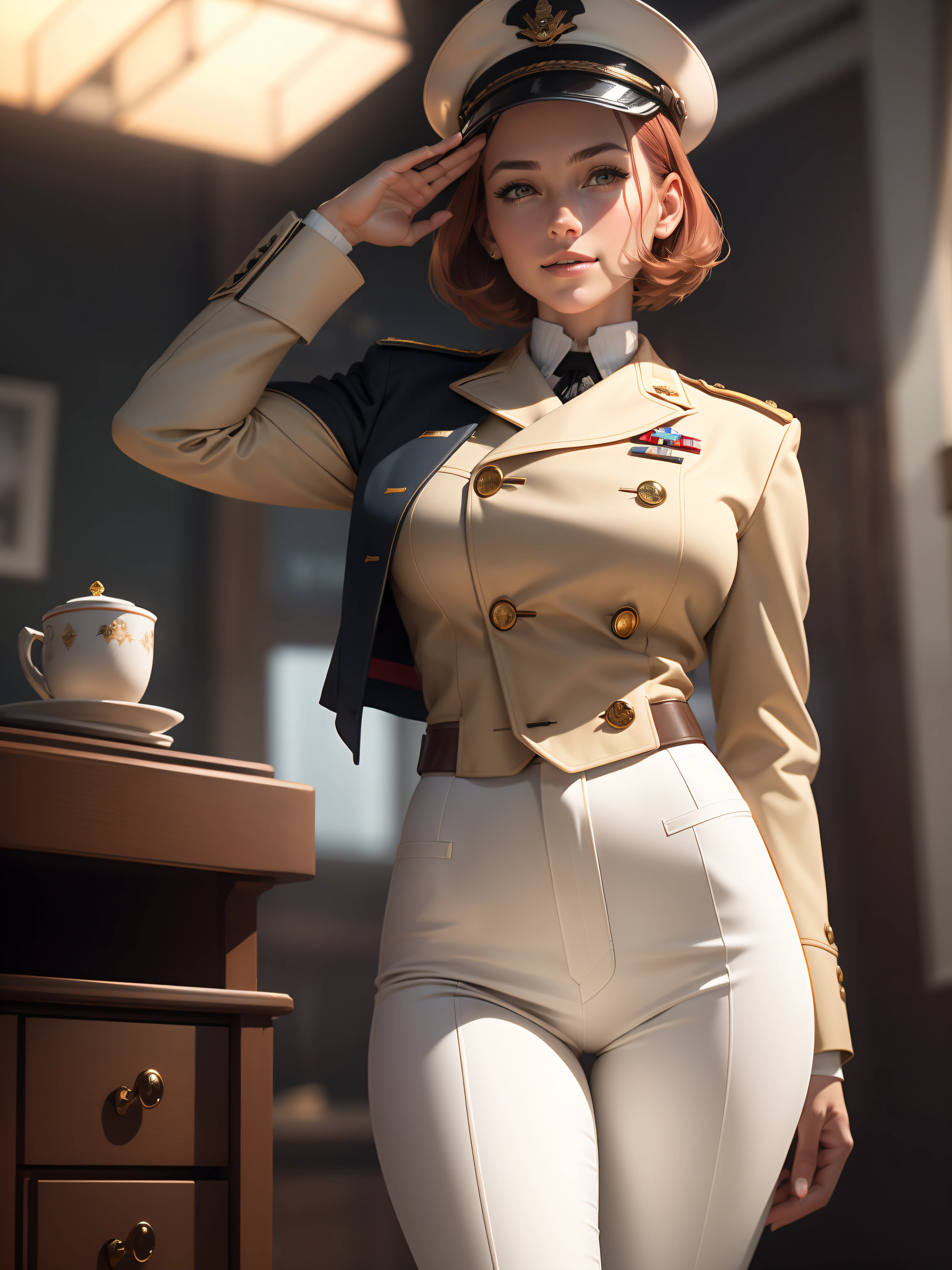(1girl:1.4), (sfw), (clothed), (masterpiece), illustration,(realistic:1.5), (specular lighting:1.4), (hyperrealistic:1.2), (photorealistic face:1.2), (perfect face), (best quality), (8k), (4k), photorealistic, sharp focus, octane render, best quality, extremely detailed, intricate, hyper detailed, fantasy, soft lighting,(medium breasts:1.4), (skindentation:1.3), Matilda Ajan from Gundam, Matilda Agen, Matilda Ajan, looking straight at viewer, one hand down, tan full uniform, tan color uniform, tight off-white pants, perfect body, standing straight up, military attention, military salute, officer uniform, tan military jacket, tan buttoned up jacket, perfect hands, military officer hat, tan color hat, warm smile, kind smile, gundam in the background, short auburn hair, one hand down, hair slicked back, cropped hair, thigh gap