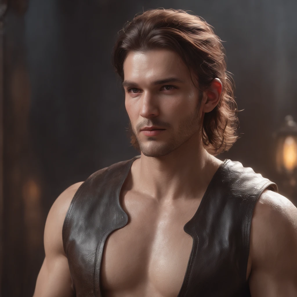 Create a very handsome vampiric man from medieval times, right after the fall of the Roman Empire. He is of greek decent. He has shoulder length brown hair. And golden brown eyes. He’s very manly, quiet, and stoic.