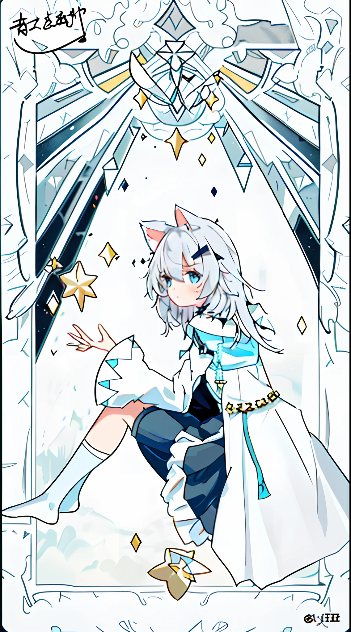 Best quality, Masterpiece, A high resolution, 1girll, White flared chiffon skirt, Closed mouth,Gray hair and long hair, Detailed beautiful eyes,detailed eyelash, Beautiful face,after sexing_Body, Tyndall effect,Photorealistic, rim lit, twotonelighting,(highdetailskin:1.2), 8K UHD, Digital SLR, Soft lighting, High quality, voluminetric lighting, candid, photographed, high resolution, 4K, 8K, Bokeh, in the middle of the city, mid afternoon,magestic,Magic robes,blue color eyes,White knee-length socks,Long cherry colored hair,Sky blue eyes,a black cloak,Note magic,adolable,Cat ears,Cat lady
