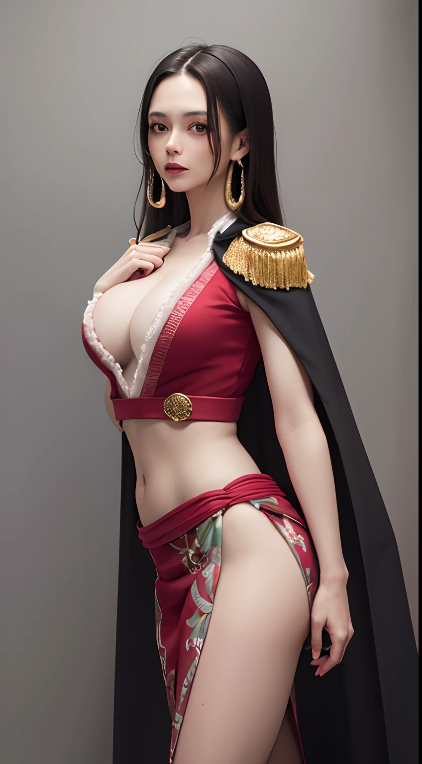 masterpiece, best quality, highres, hancock1, boa hancock, large breasts, epaulettes, cape, crop top, side slit, cowboy shot, standing,