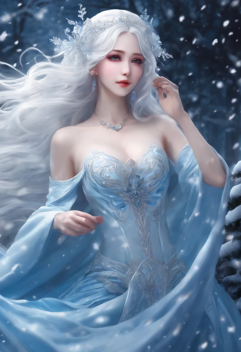 ((highest quality)),(ultra high resolution),(Super detailed),(detailed description),((best CG)),(best work of art),super precision art,great drawing art,(Fantasy art with precise details:1.5), (1 woman:1.5),(The snow queen:1.5),cold look:1.5,A detailed ice dress,crown:1.2, Ice Palace:1.6