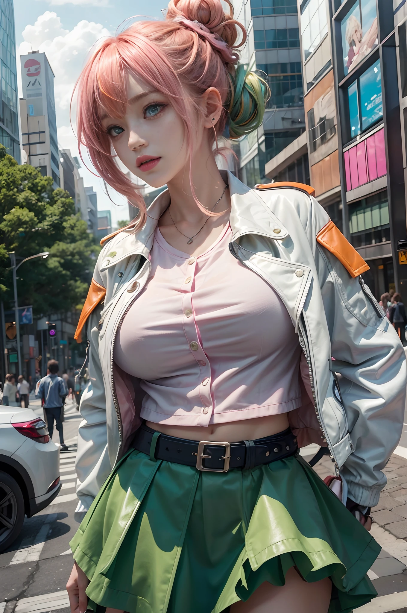 1girl, young, happy, (green/orange/pink hair), (wavy bang messy layered buns hair), energetic, blue skirt, white blouse, leather jacket, huge breasts, freckles, she's a wizard , windy background in the city of Akihabara, photorealistic, bright lighting, (extremely detailed:1.3), professional photography, dutch angle, street view, dynamic, colorful, rainbow, shooting star, (galactic magical phenomenon)