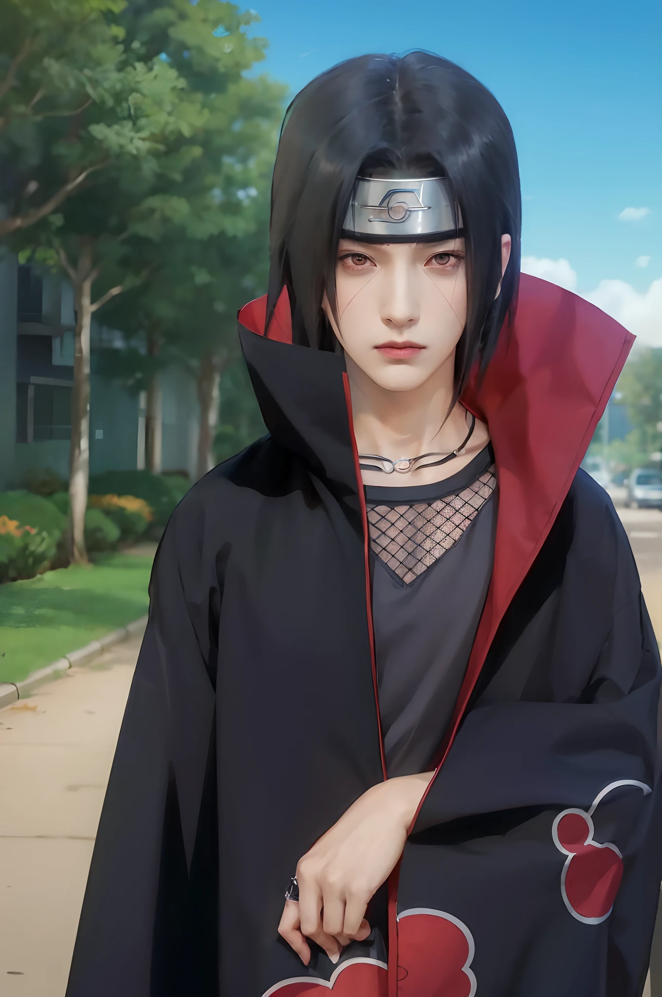 1male, uchiha itachi in anime naruto shippuden, long hair , black hair, red eyes, handsome, black clothes, realistic clothes, detail clothes, city background, ultra detail, realistic