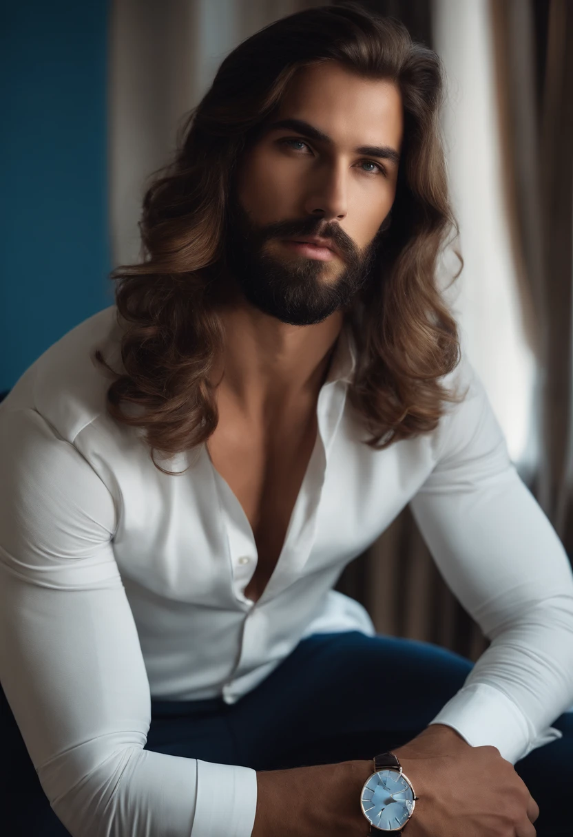 (Hombre con ropa elegante), ), (con una barba larga y llena,) (ojos azules) (retrato) Aspecto atractivo y serio, Brown Dark Hair, Elegante y elegante, y camiseta de cuerpo fuerte, (Imagen realista y de alta calidad), in the background Scandinavian apartment with designer furniture and blue wall color in the background, ((La mejor calidad, 8k, Pieza maestra).