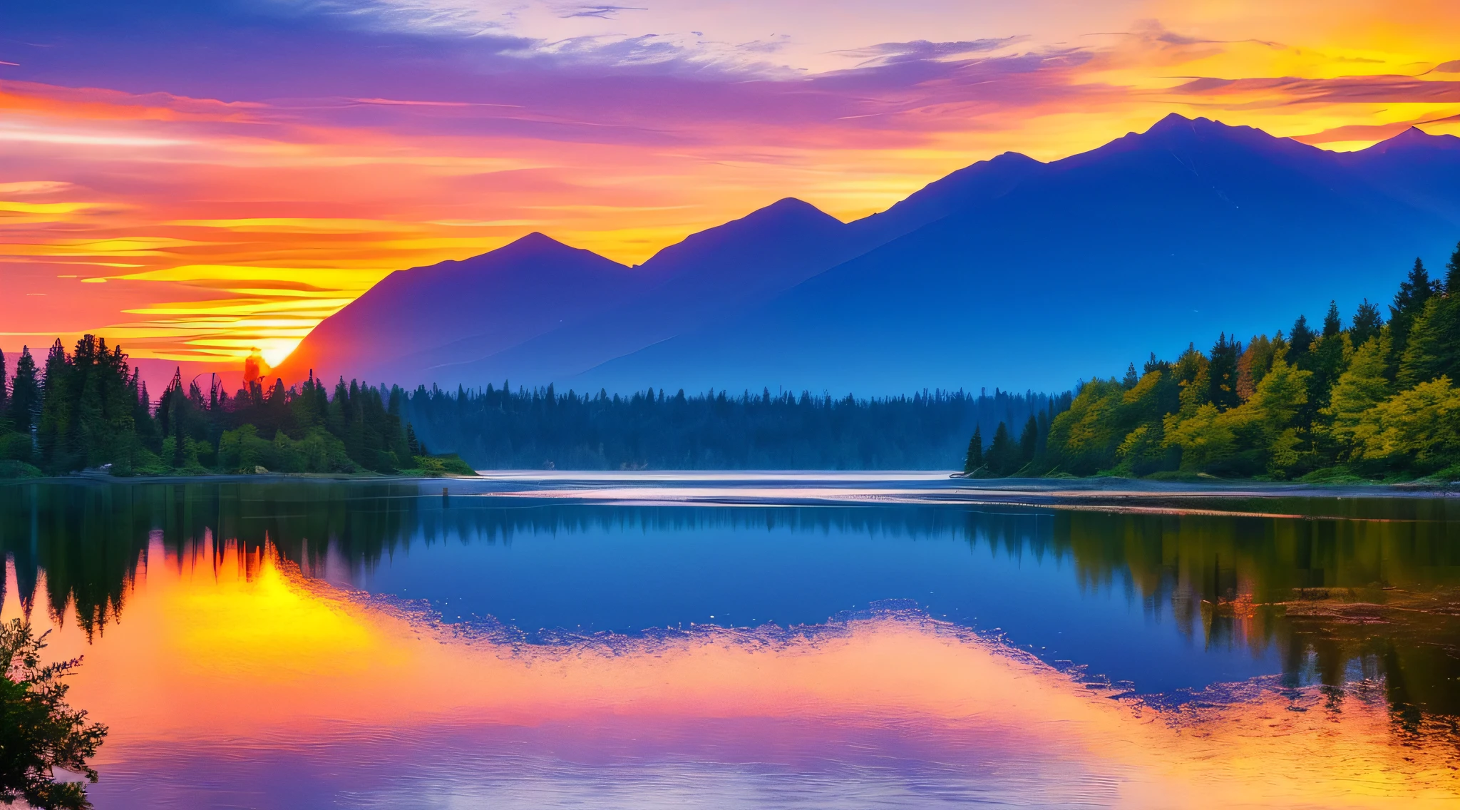 (sunset, picturesque, vibrant colors, serene mood, reflection on water, peaceful atmosphere, majestic view, golden rays, tranquil beauty, soft lighting, stunning landscape, ektachrome photography, Heise's masterpiece)