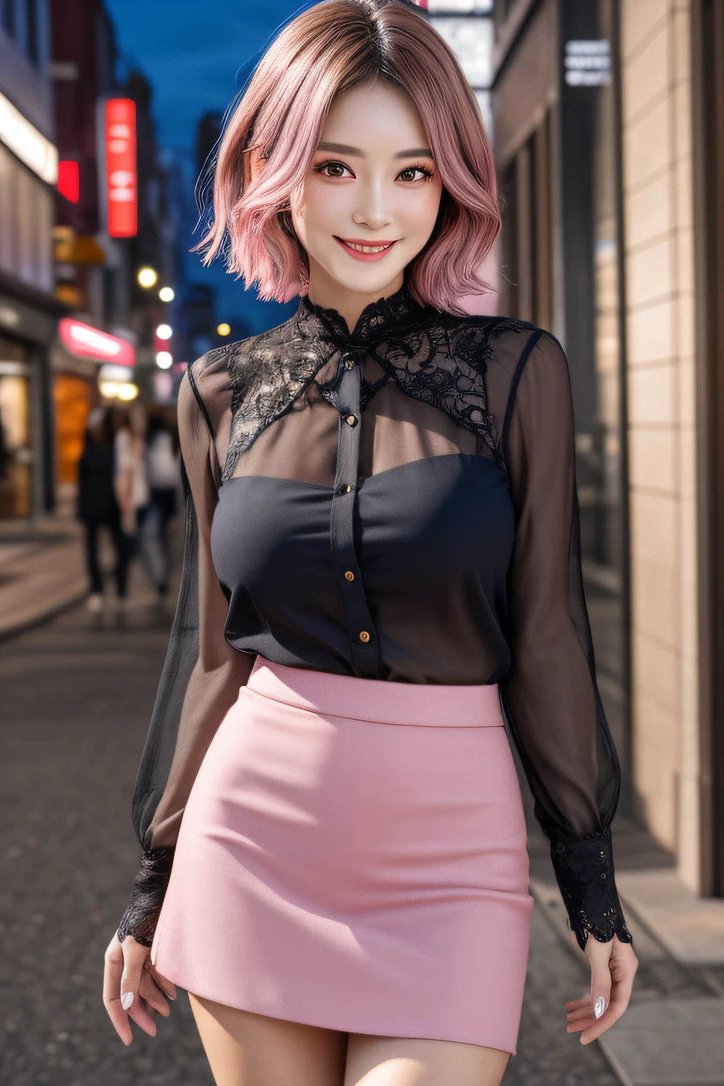 1beautiful Japanese woman, mature, prostitute, detail eyes, double eyelid, brown eyes, pink lips, huge breasts, purple see-though blouse, red mini skirt, charming smile, sheer pink short hair, streets of the city, thighs, front view, perfect anatomy, best quality, ultra high resolution, masterpiece, photorealistic:1.3