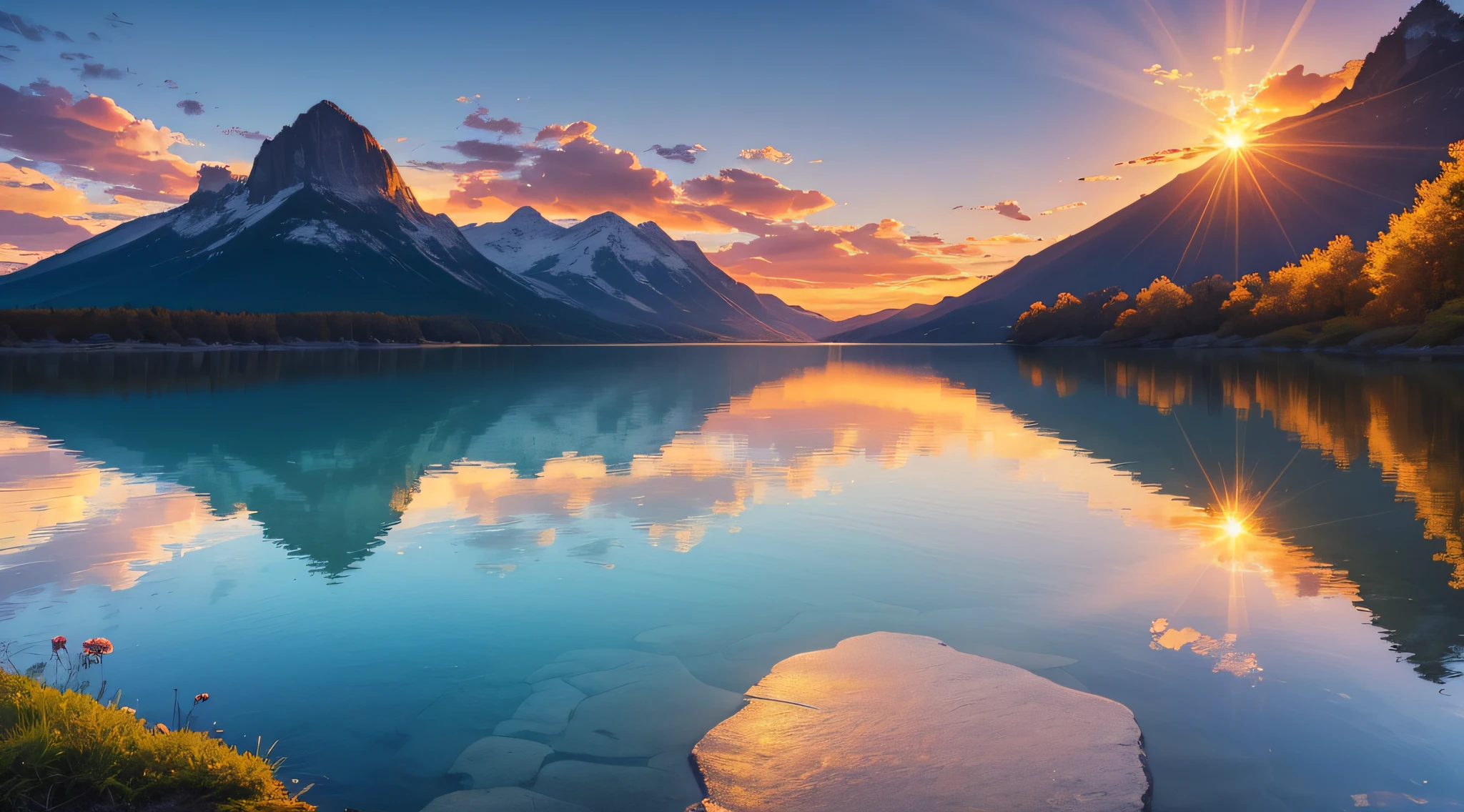 (sunset, picturesque, vibrant colors, serene mood, reflection on water, peaceful atmosphere, majestic view, golden rays, tranquil beauty, soft lighting, stunning landscape, ektachrome photography, Heise's masterpiece)