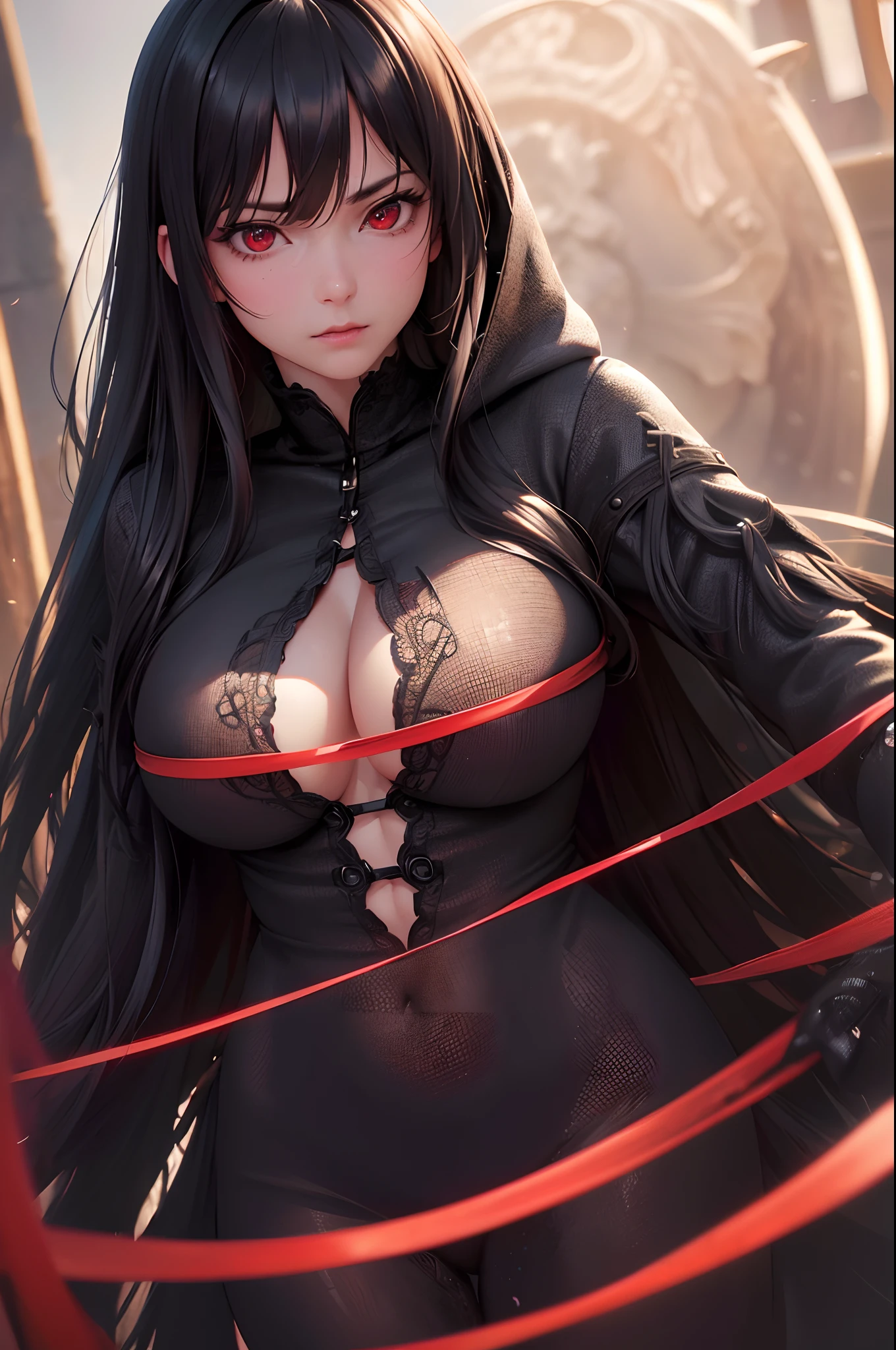 (best quality,4k,8k,highres,masterpiece:1.2),ultra-detailed,(realistic,photorealistic,photo-realistic:1.37),portrait,black long hair,red eyes,serious expression,big breasts,black clothes,with a hood