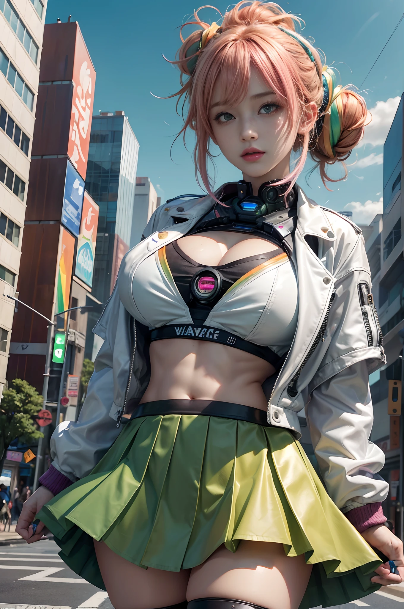 1girl, young, happy, (green/orange/pink hair), (wavy bang messy layered buns hair), energetic, blue skirt, white blouse, leather jacket, huge breasts, (robotic eyes), energy core implented inside her chest, freckles, she's a wizard , windy background in the city of Akihabara, photorealistic, bright lighting, (extremely detailed:1.3), professional photography, dutch angle, street view, dynamic, colorful, rainbow, shooting star, (galactic magical phenomenon)